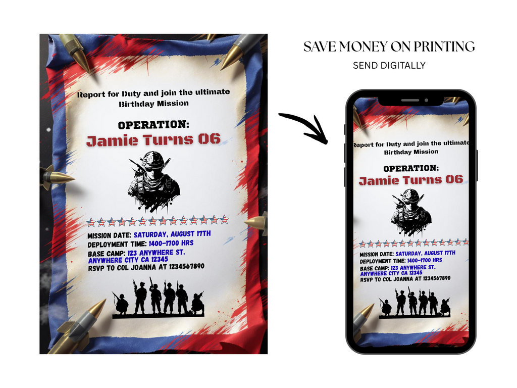 Birthday invitation with military theme on paper and phone screen.