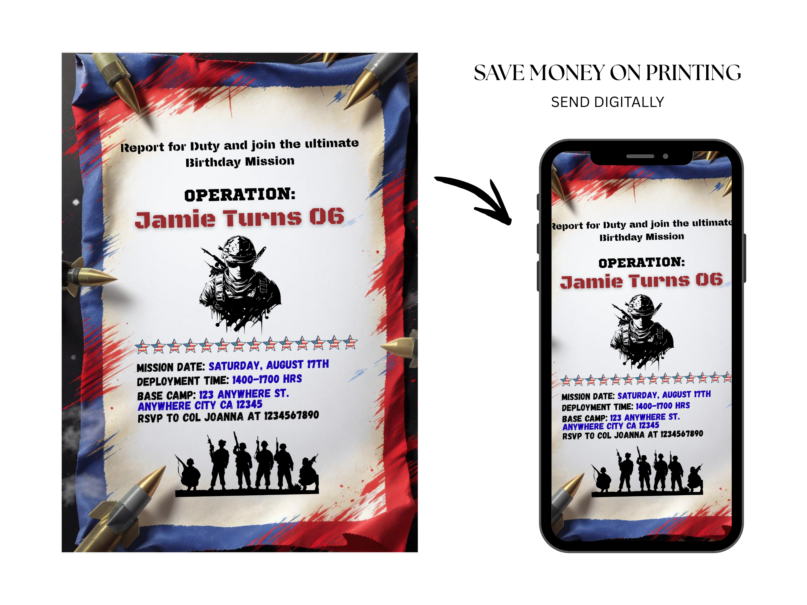 Birthday invitation with military theme on paper and phone screen.