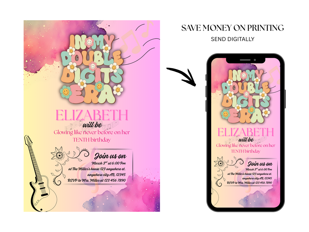 Colorful birthday invitation with guitar graphic on a phone screen, text 'In My Double Digits Era' and 'Elizabeth'.