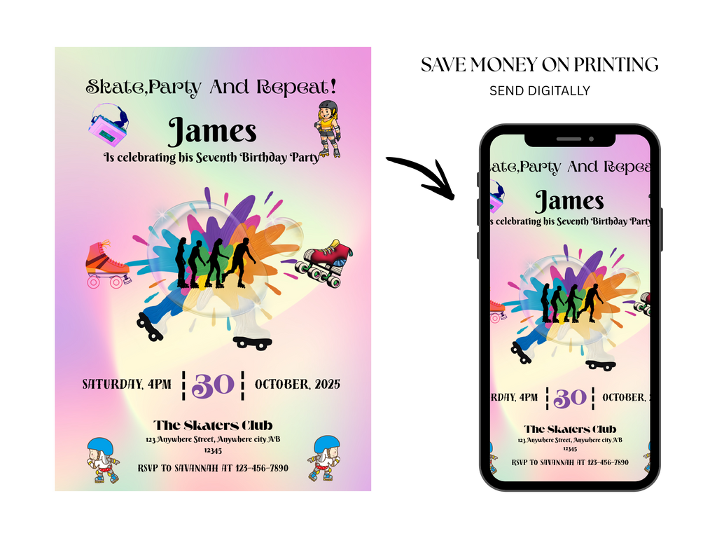 Roller Skating Birthday Invitation – Editable Canva Template for Girls – Printable Skating Party Invite – Instant Download