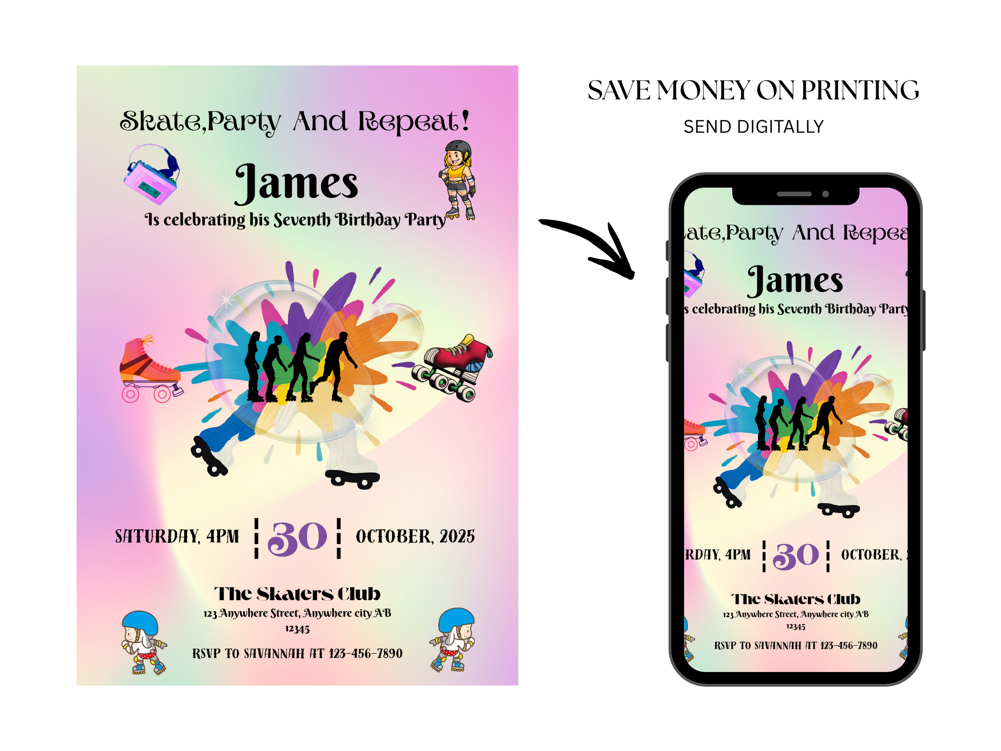 Roller Skating Birthday Invitation – Editable Canva Template for Girls – Printable Skating Party Invite – Instant Download