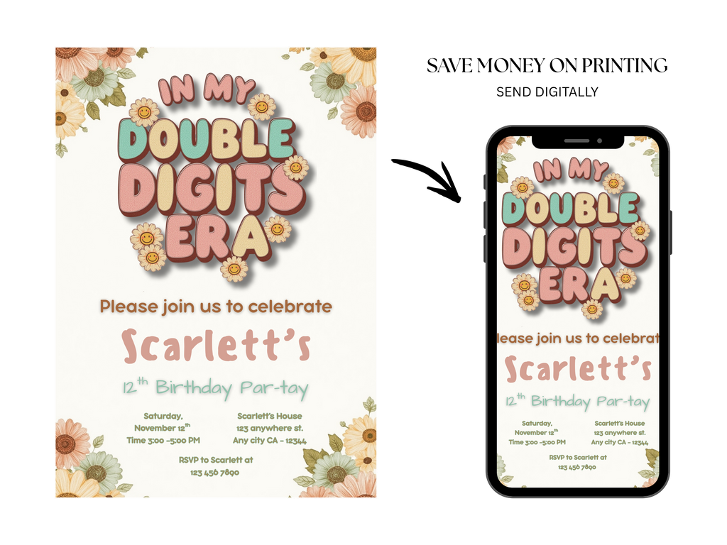 Birthday party invitation with floral design on a phone screen