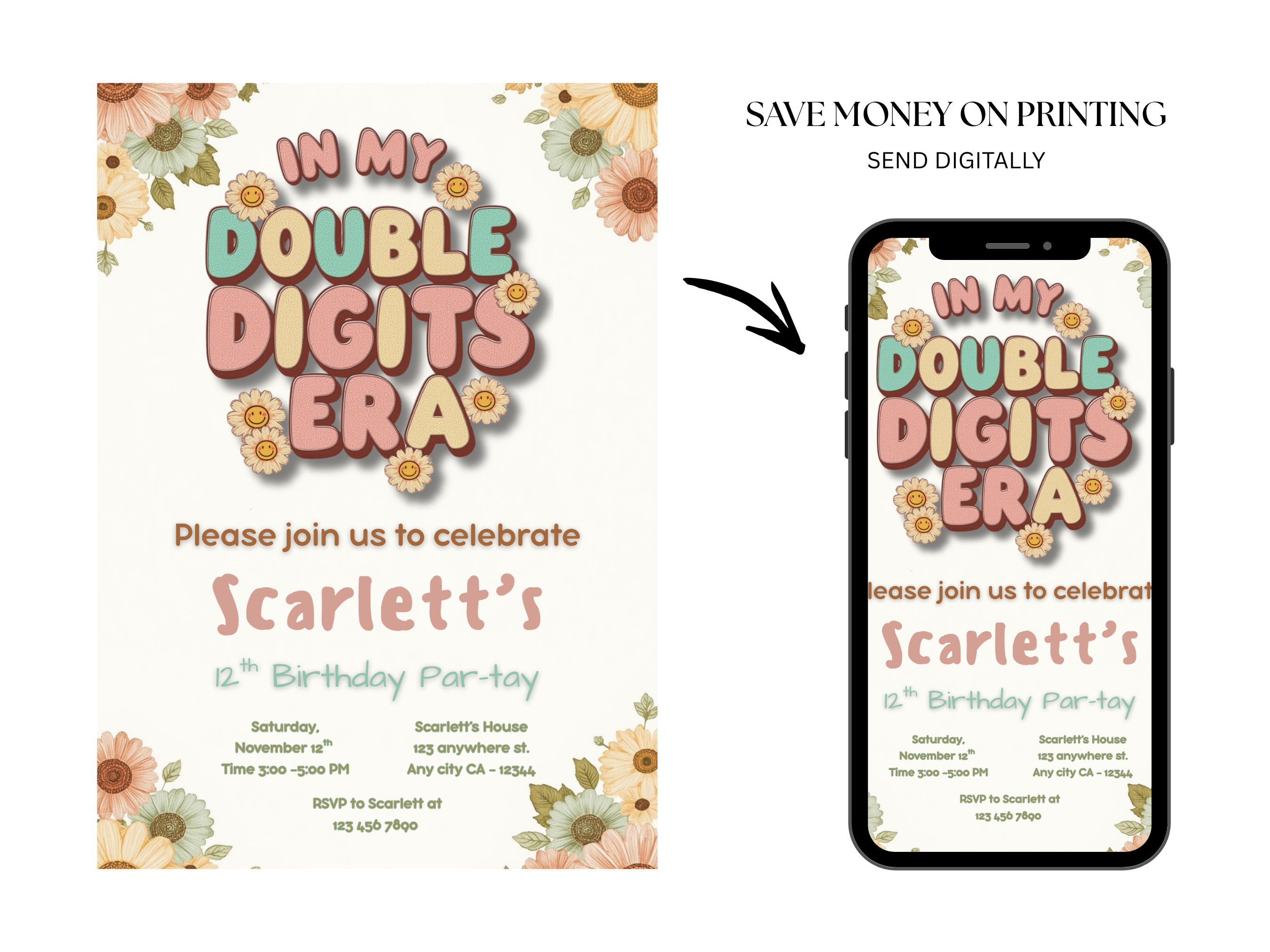 Birthday party invitation with floral design on a phone screen