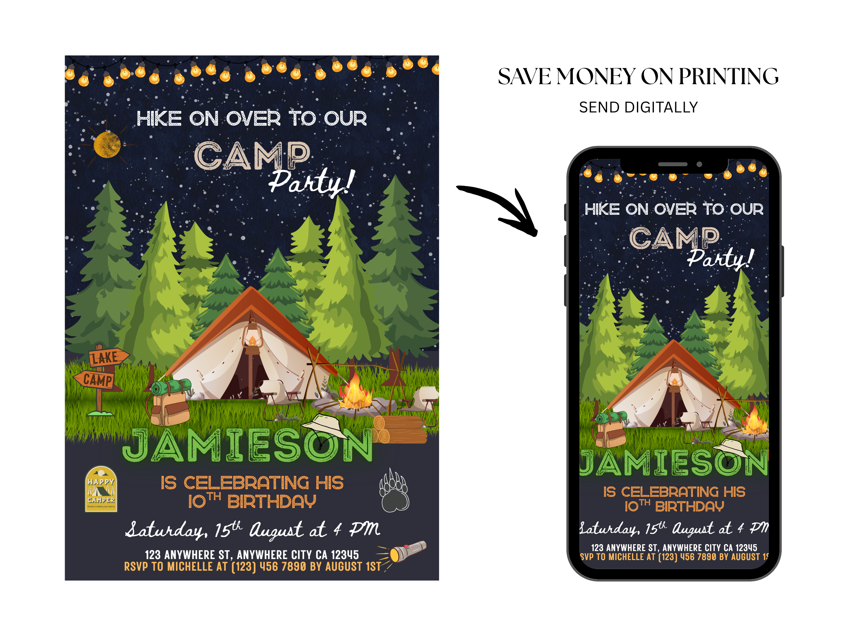 Camp party invitation with tent and forest design, shown on a phone screen.
