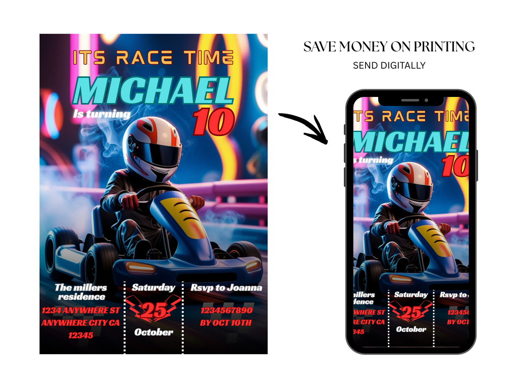 Birthday invitation card for a racing theme party with a child in a go-kart, displayed on a phone screen.