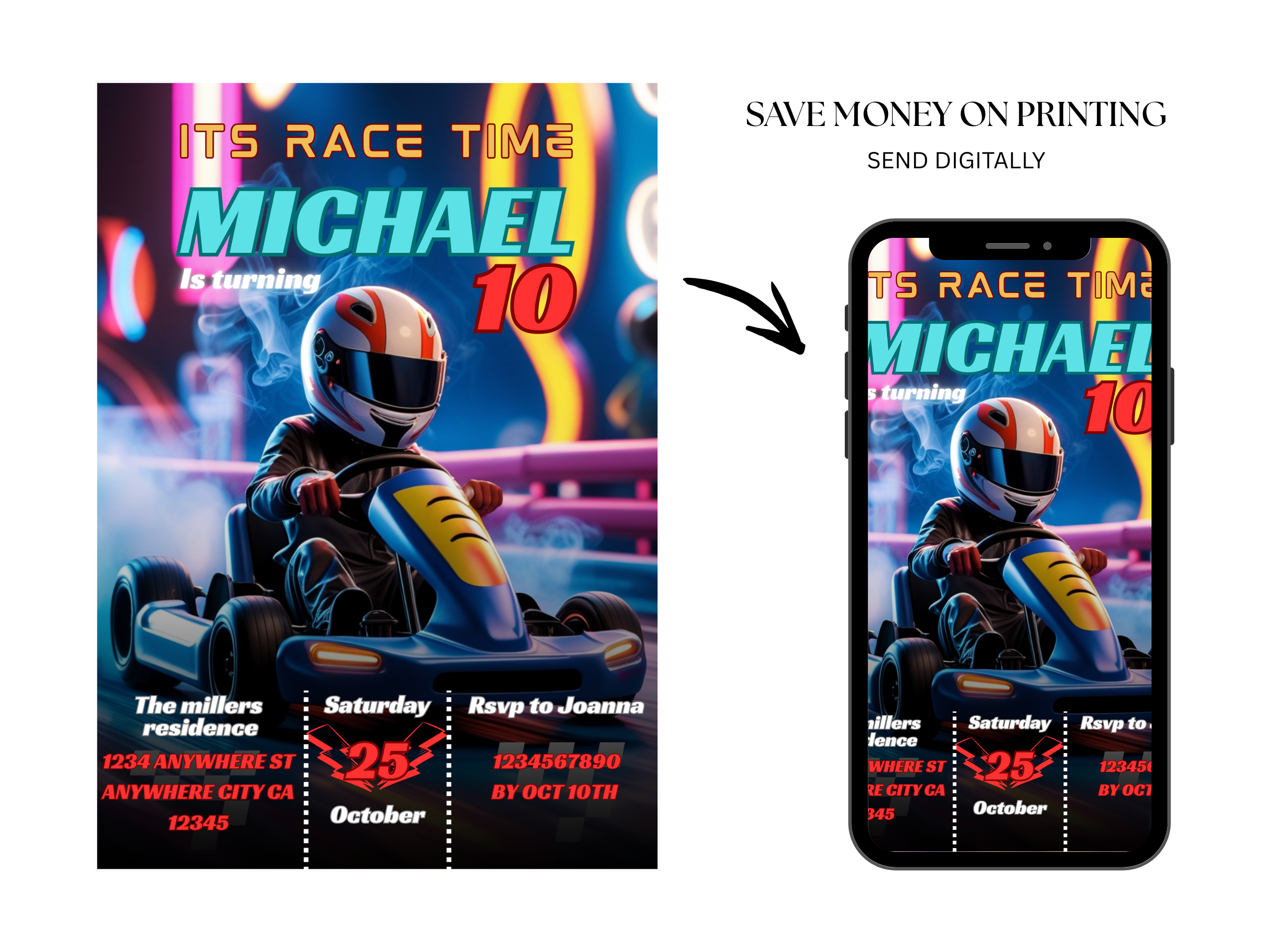 Birthday invitation card for a racing theme party with a child in a go-kart, displayed on a phone screen.