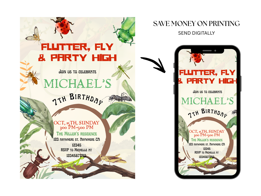 Birthday invitation card with insect theme and digital option on smartphone screen.