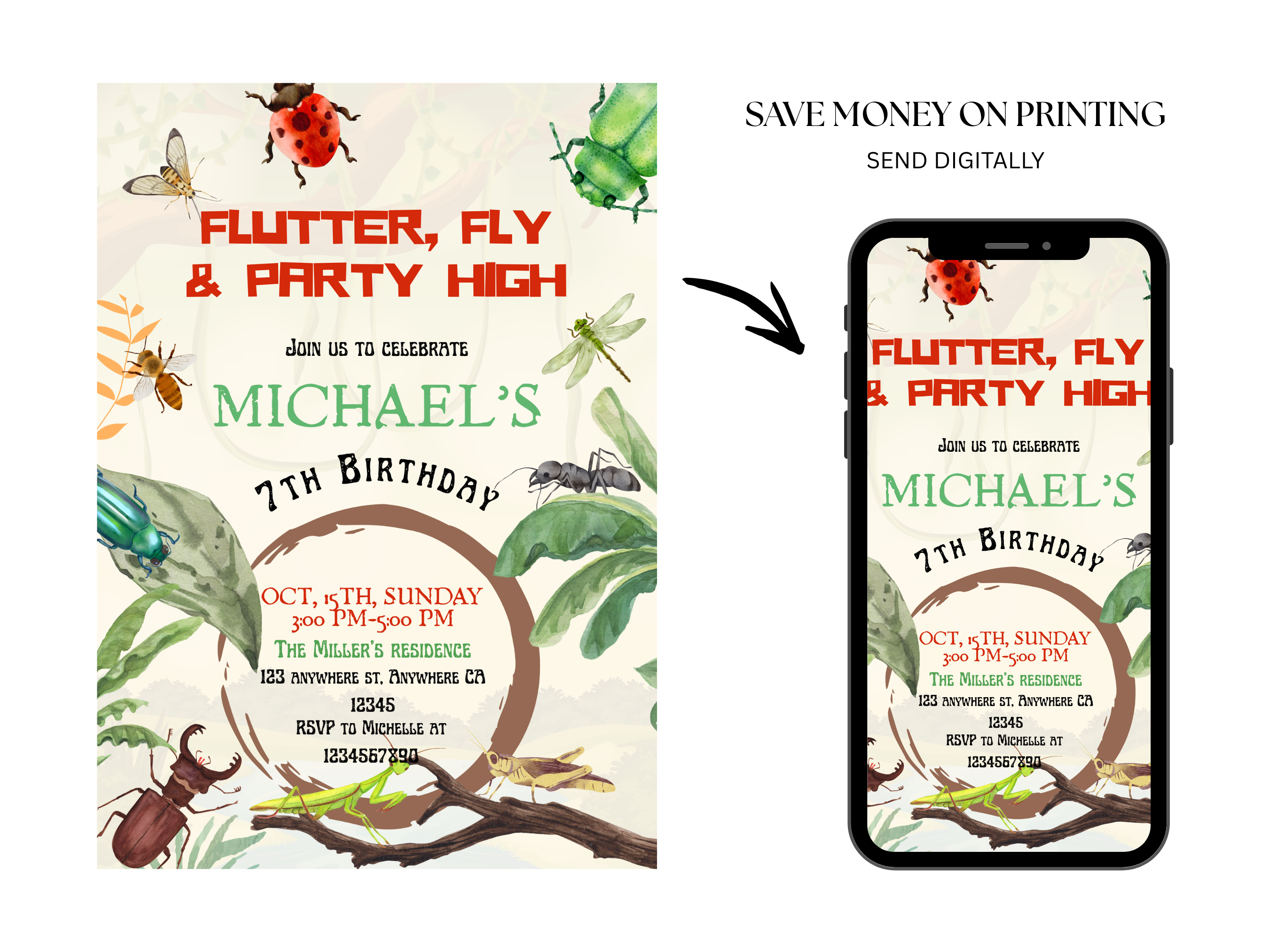 Birthday invitation card with insect theme and digital option on smartphone screen.