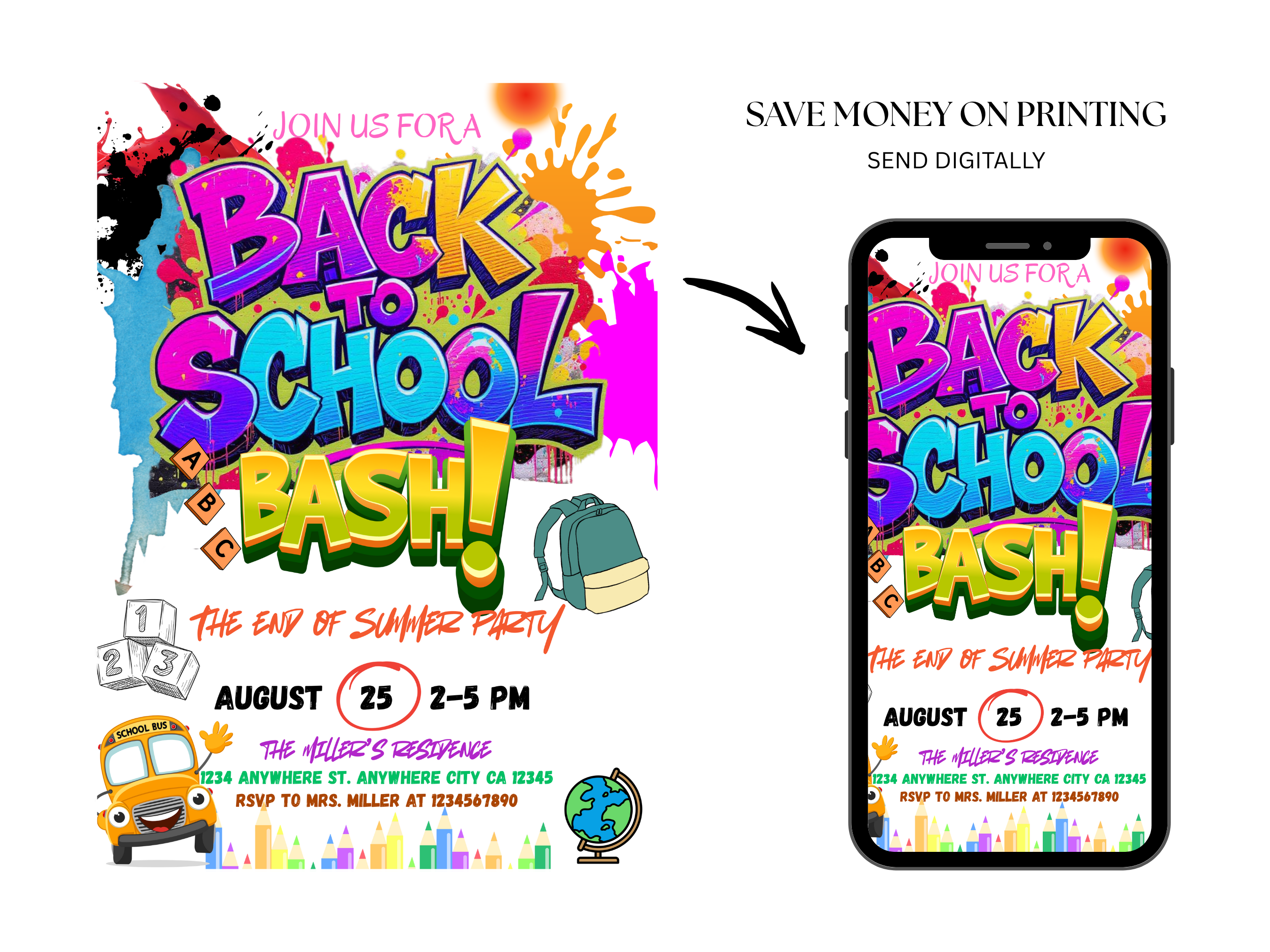 Back to School Bash Invitation | Colorful Editable Party Canva Template | Digital Download