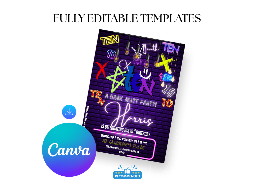 Neon-themed birthday party invitation with Canva logo on a white background