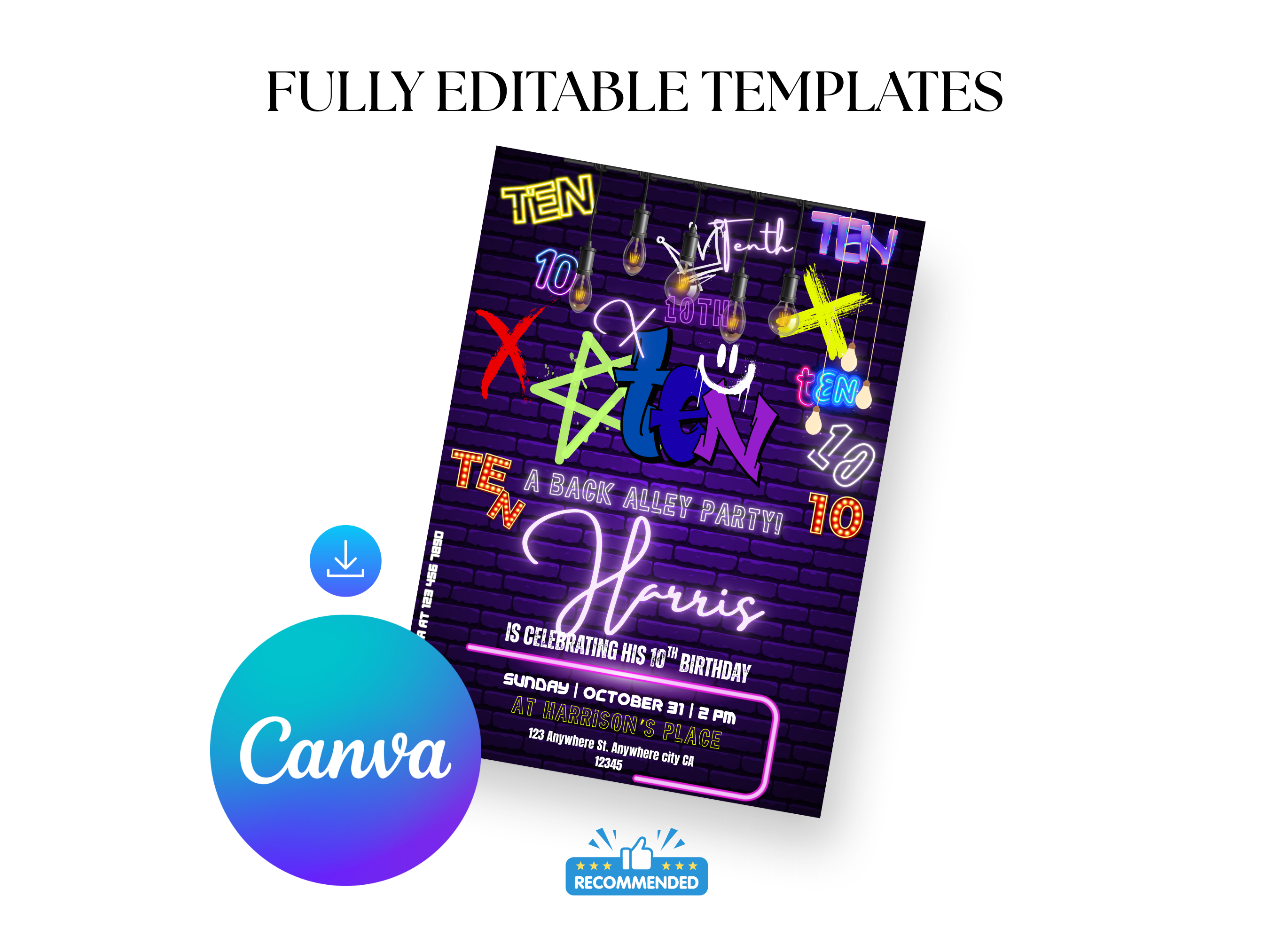 Neon-themed birthday party invitation with Canva logo on a white background