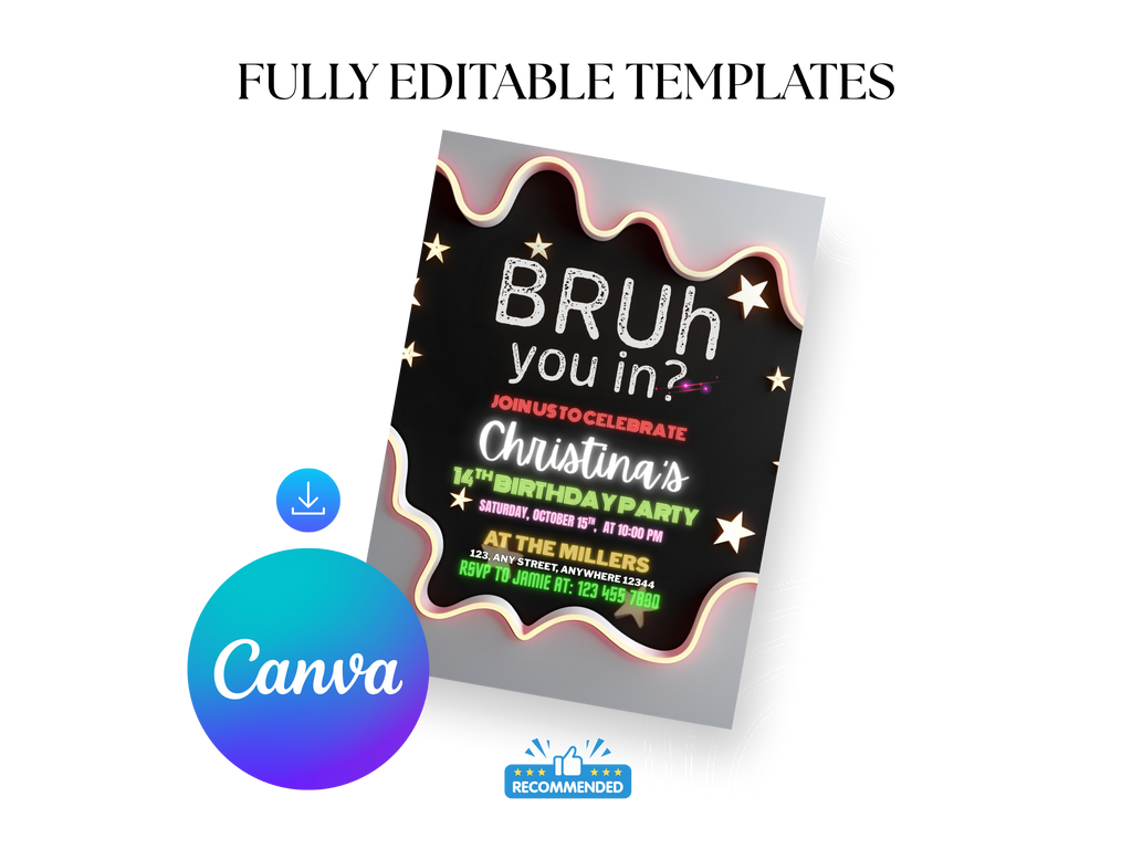 Birthday party invitation card with 'BRUH you in?' text, featuring Canva logo.