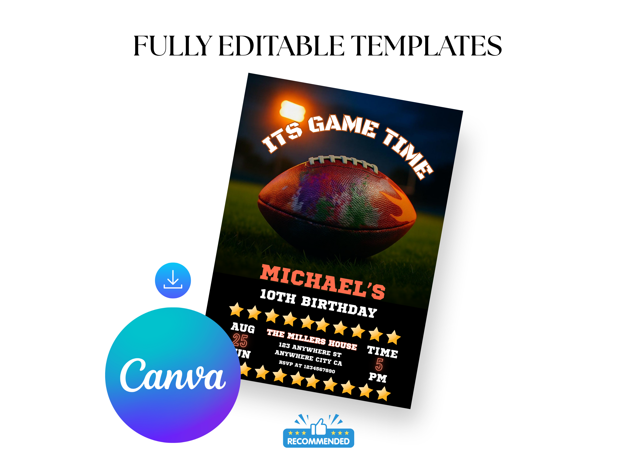 Birthday invitation card with football design and Canva logo