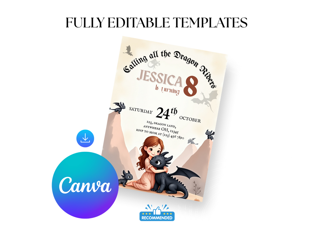 Birthday invitation card with a girl and dragon design, featuring Canva logo.