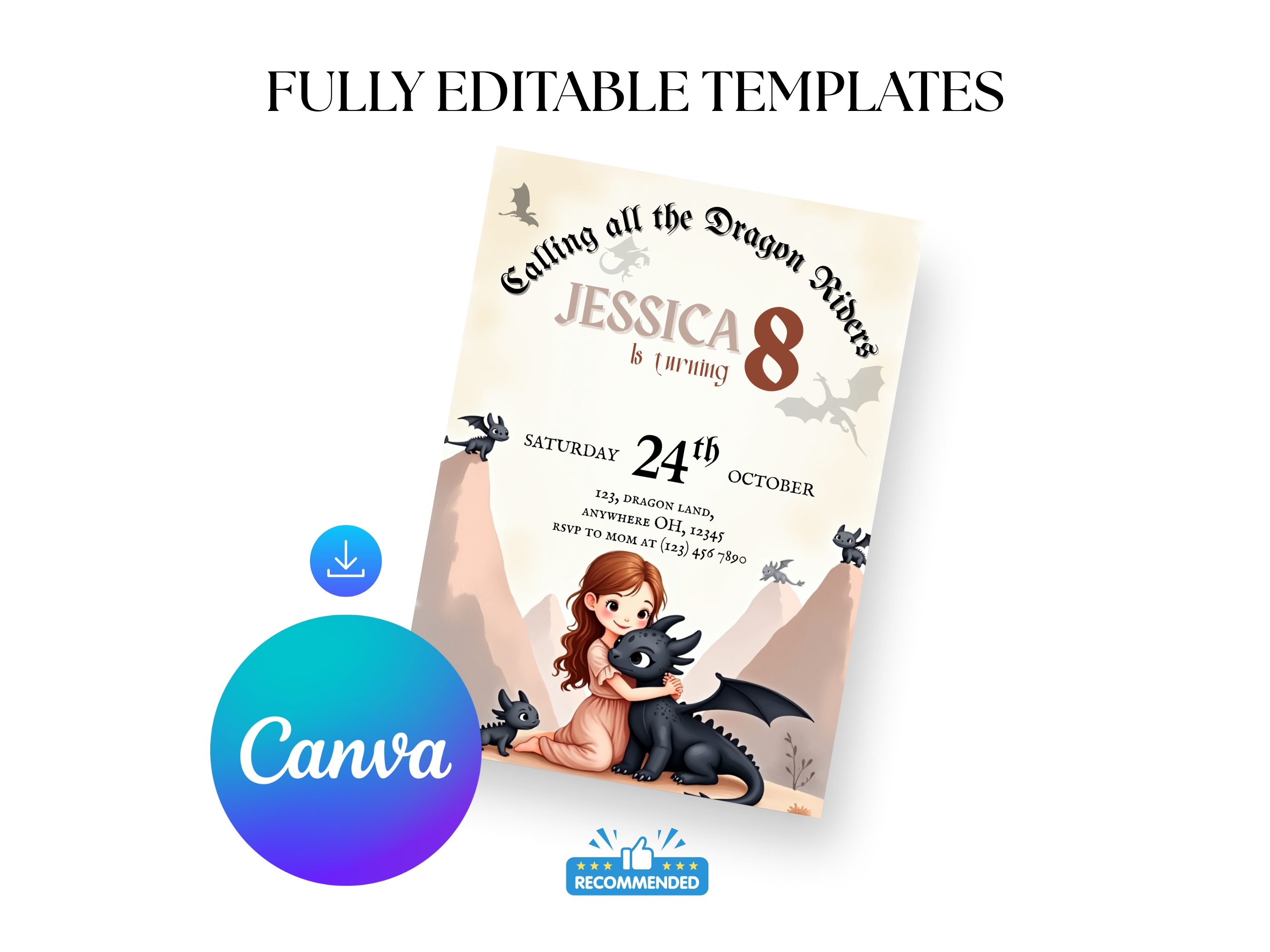 Birthday invitation card with a girl and dragon design, featuring Canva logo.