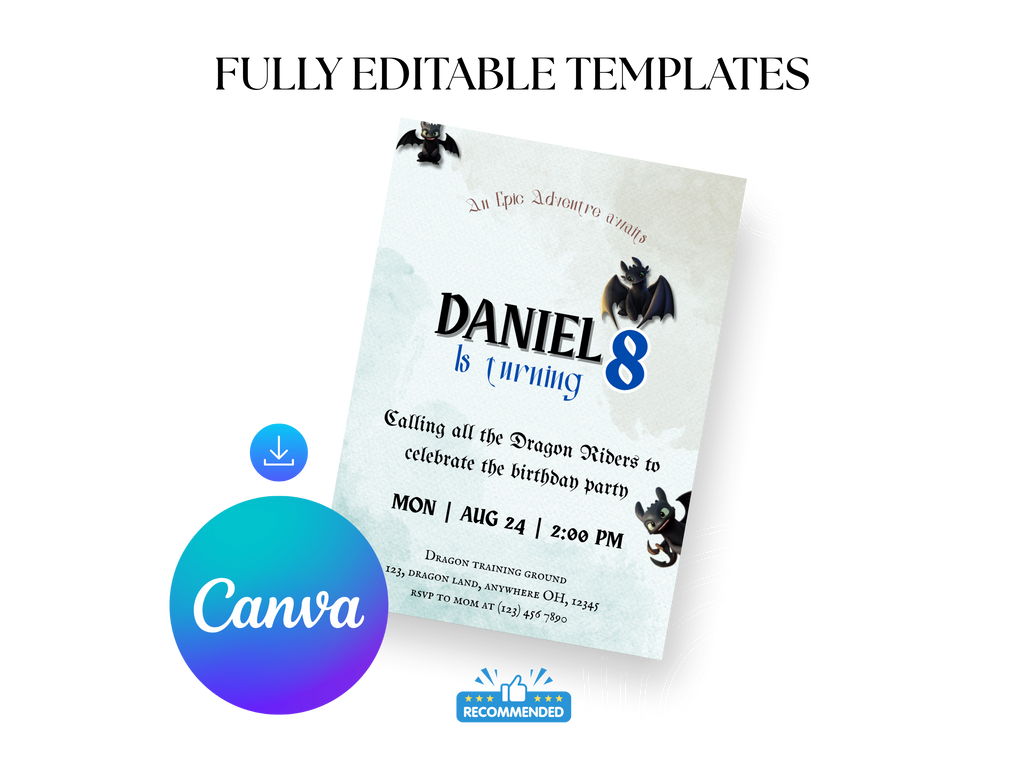 Birthday invitation card with dragons and text, featuring the Canva logo.