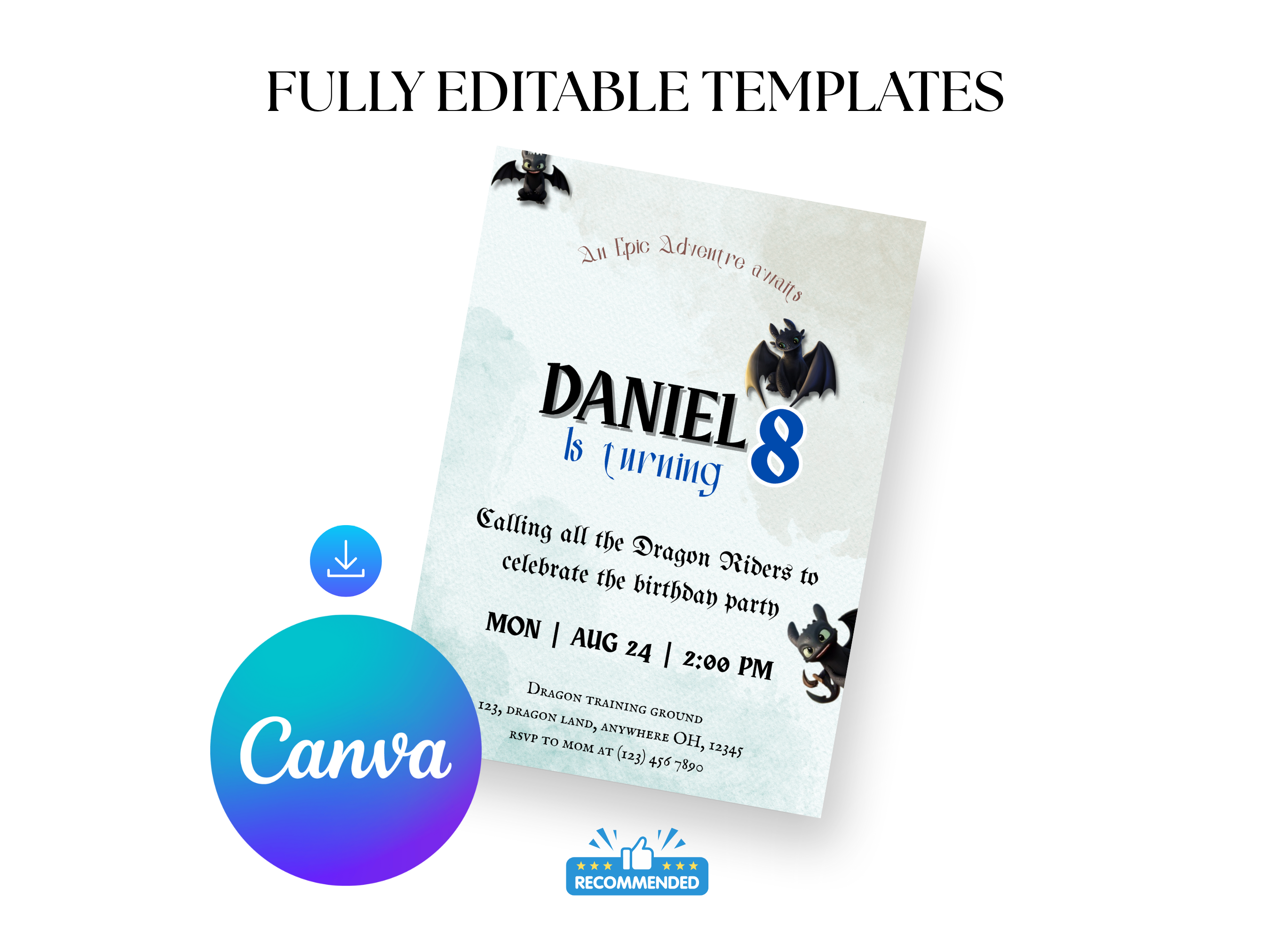 Birthday invitation card with dragons and text, featuring the Canva logo.