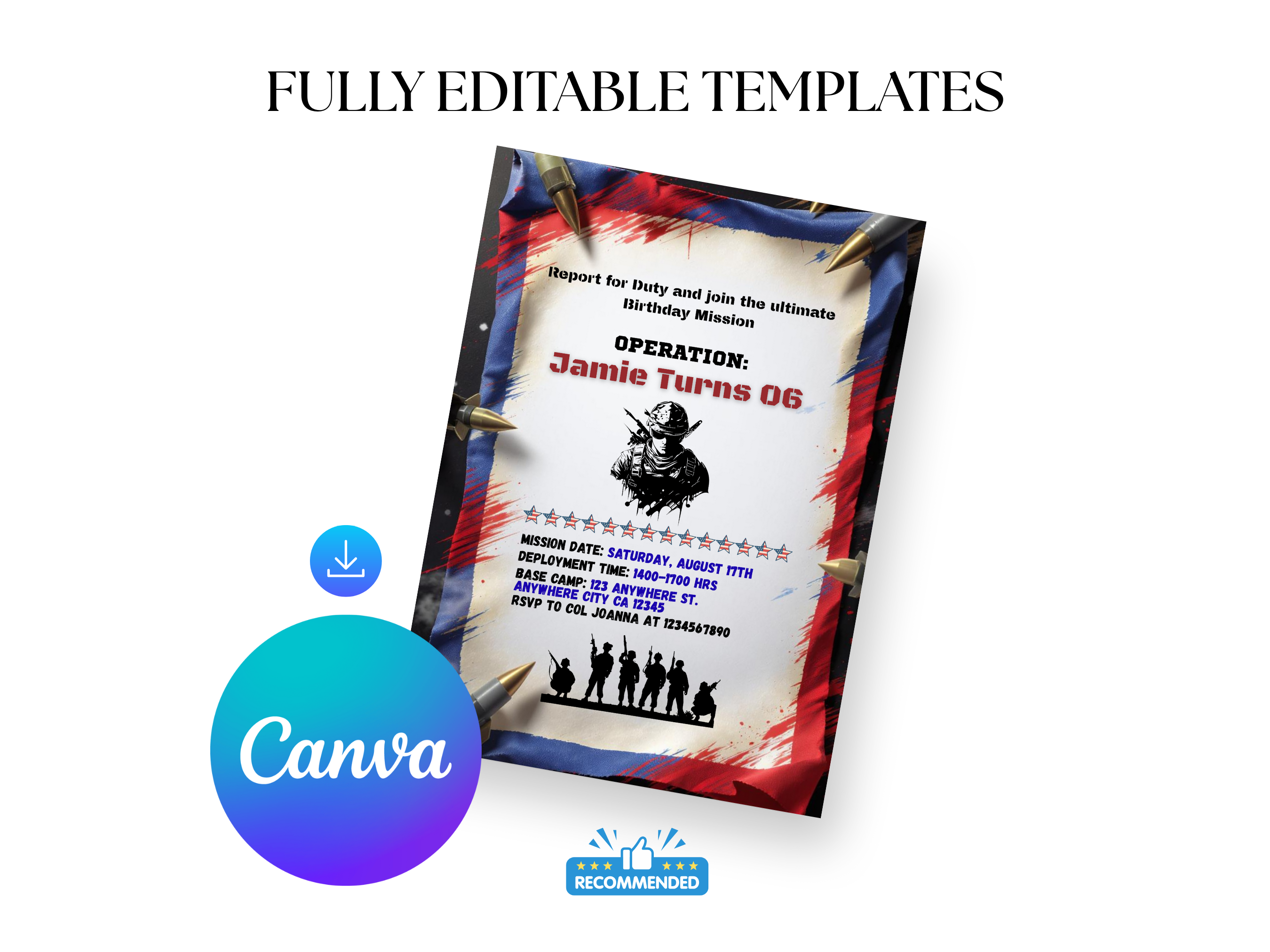 Invitation card with military theme and Canva logo on a white background
