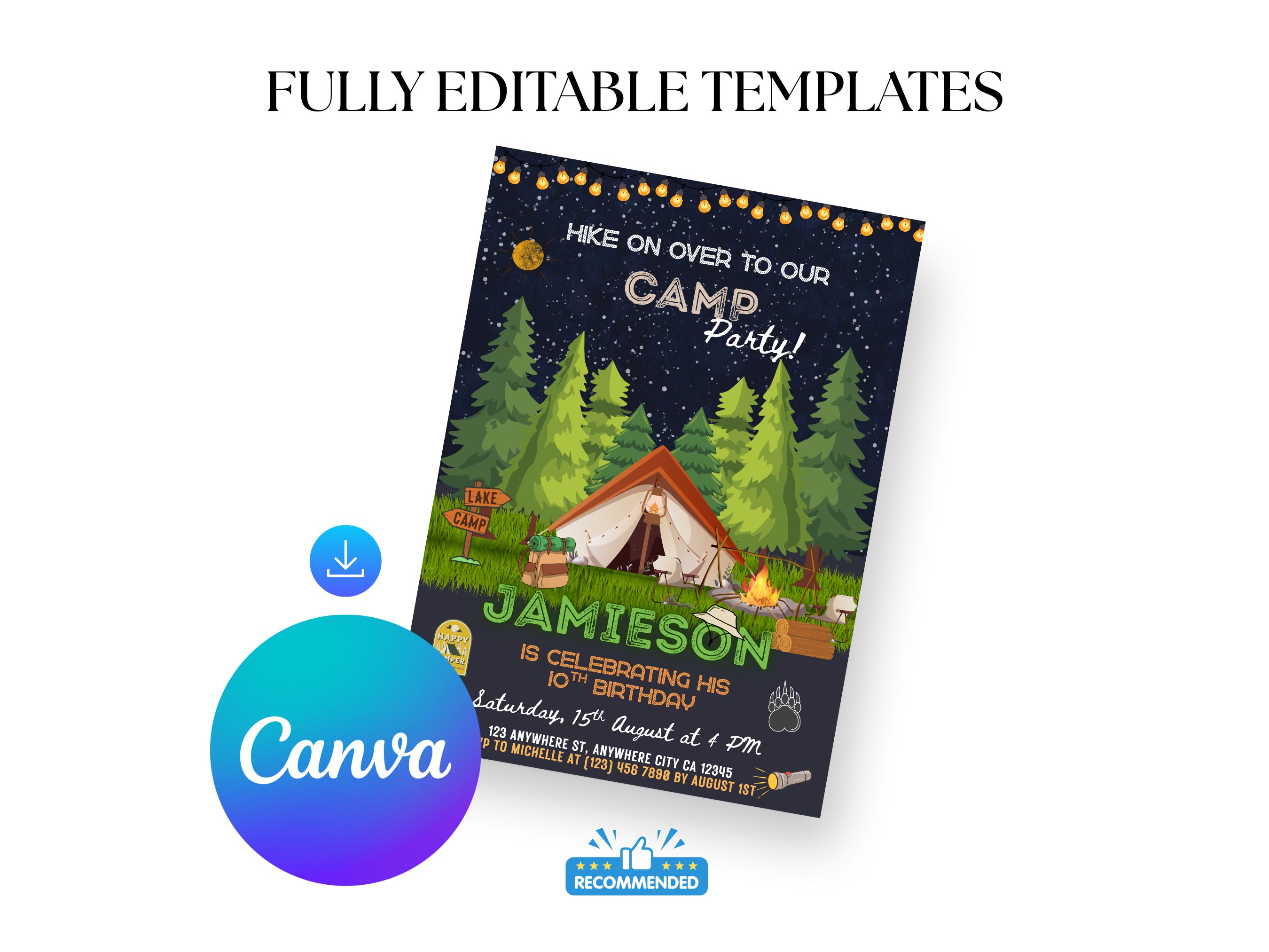 Camp party invitation with trees and tent design, featuring Canva logo.