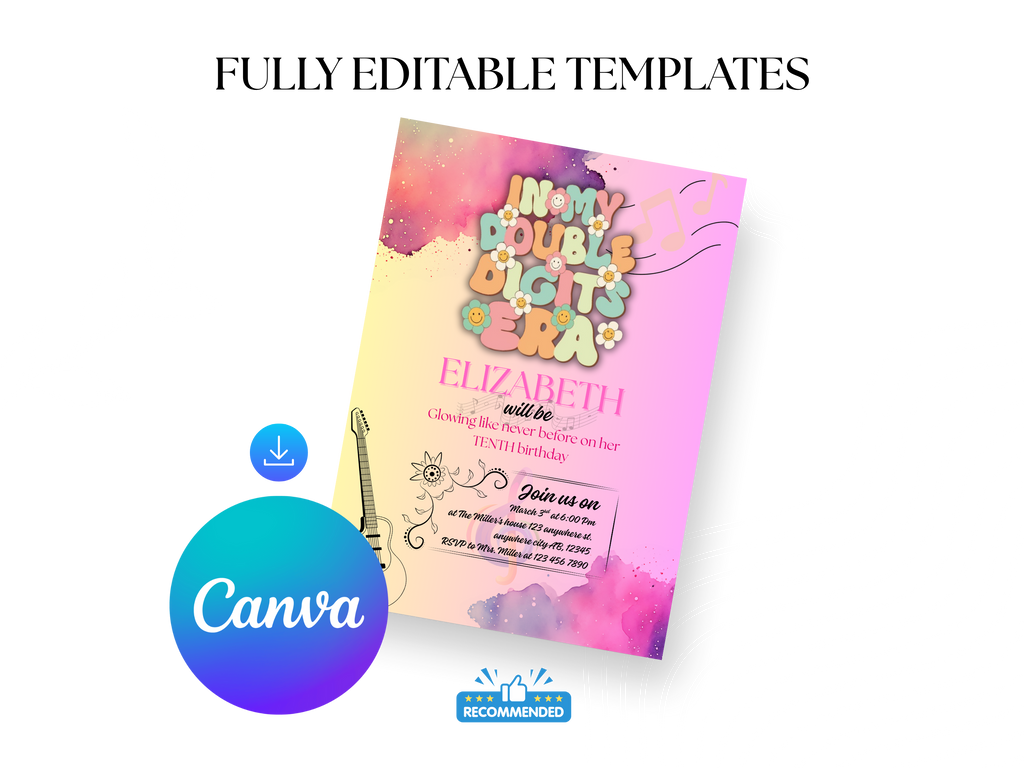 Colorful birthday invitation card with 'Canva' logo and text on a white background