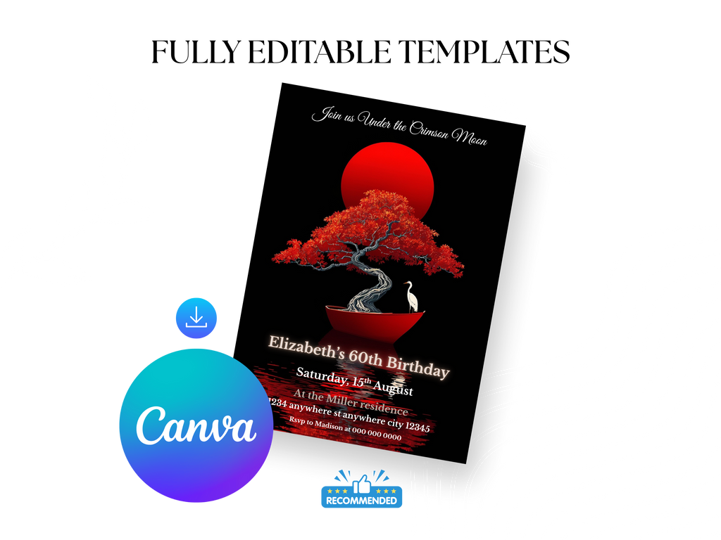 Birthday invitation card with bonsai tree design, Canva logo, and 'Fully Editable Templates' text.