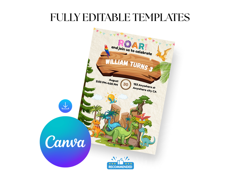 Children's birthday party invitation with dinosaurs and Canva logo