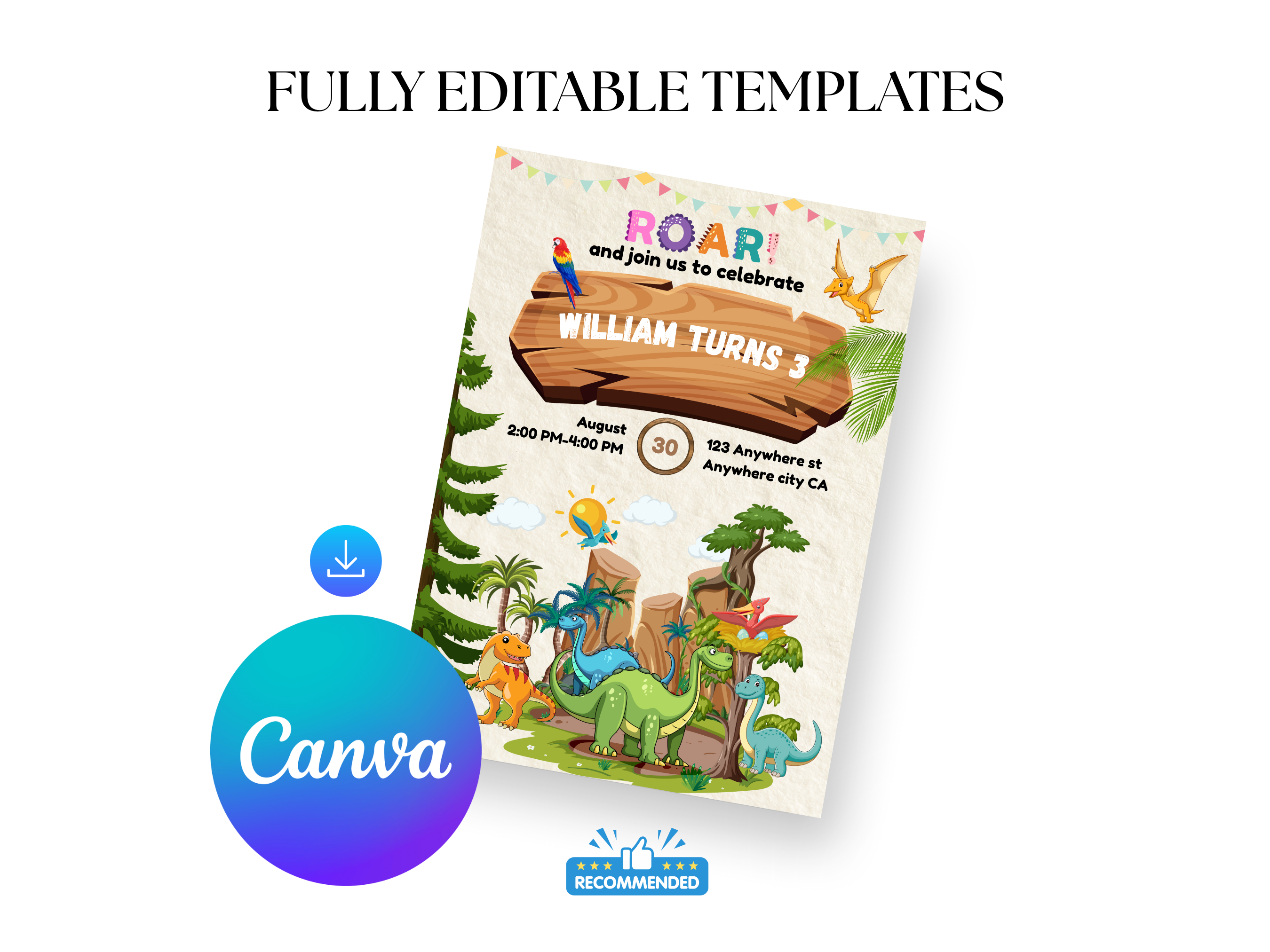 Children's birthday party invitation with dinosaurs and Canva logo