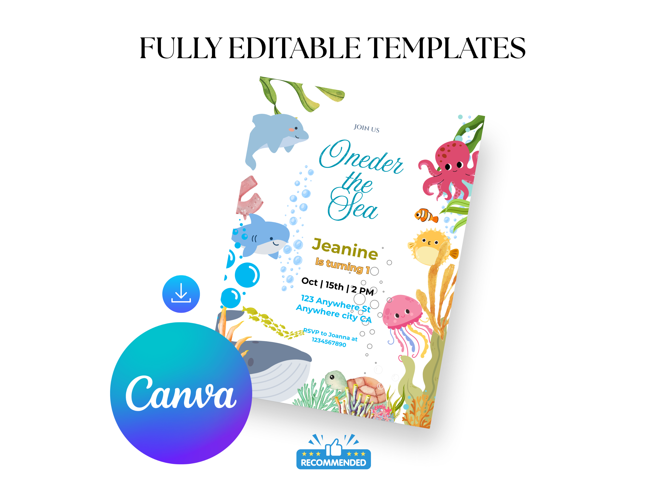 Under the Sea birthday invitation template with Canva logo on a white background