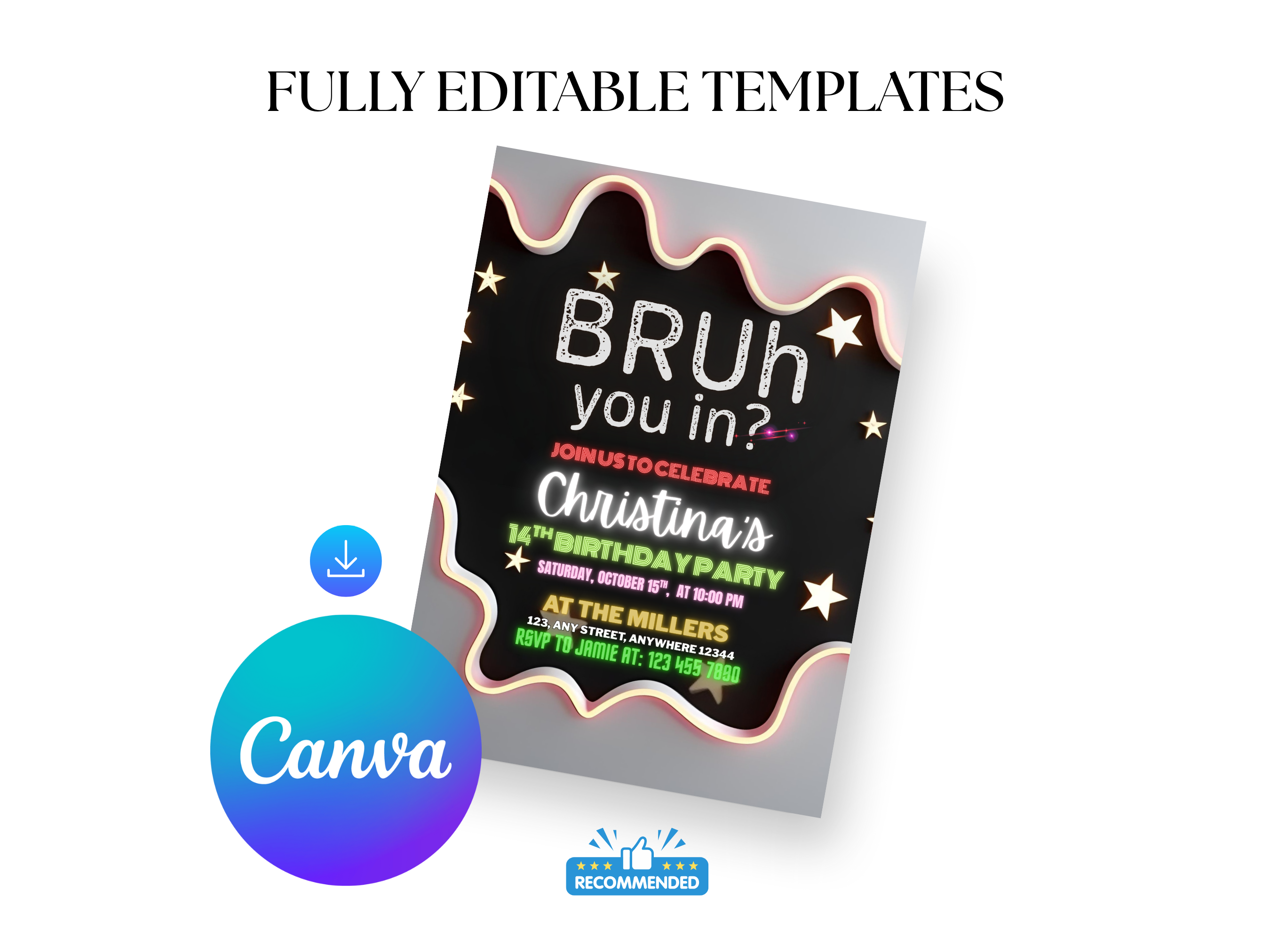 Birthday party invitation card with text 'BRUH you in?' and Canva logo on a white background