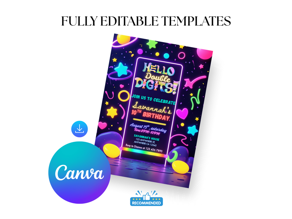 Colorful birthday invitation card with 'Canva' logo and text about fully editable templates.