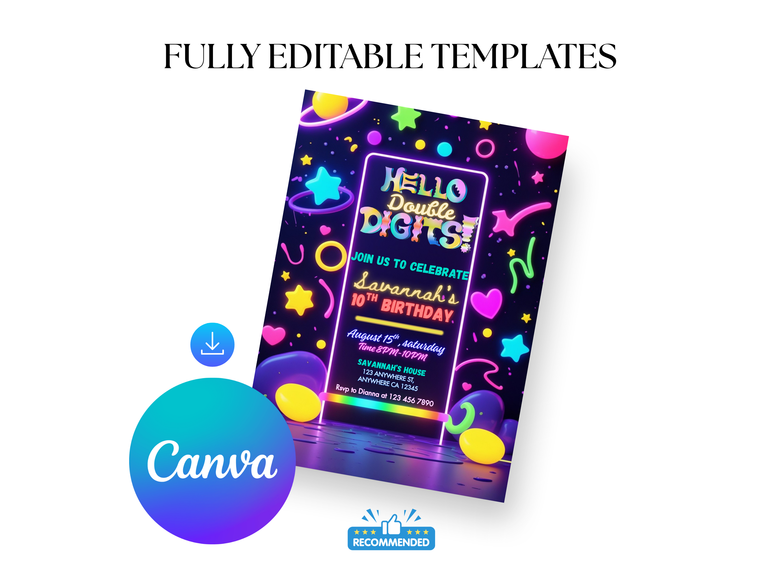 Colorful birthday invitation card with 'Canva' logo and text about fully editable templates.