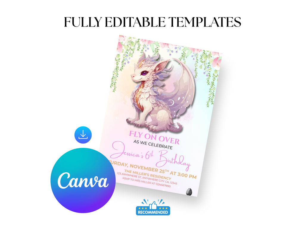 Birthday invitation card with dragon illustration and Canva logo on a white background