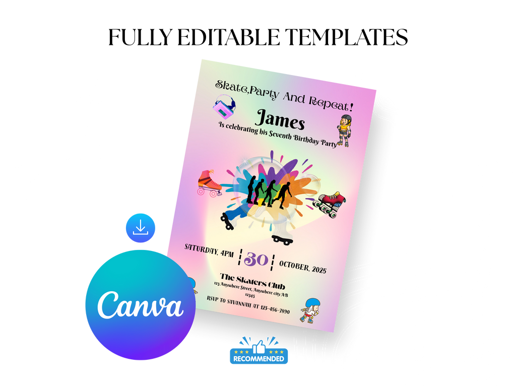 Roller Skating Birthday Invitation – Editable Canva Template for Girls – Printable Skating Party Invite – Instant Download