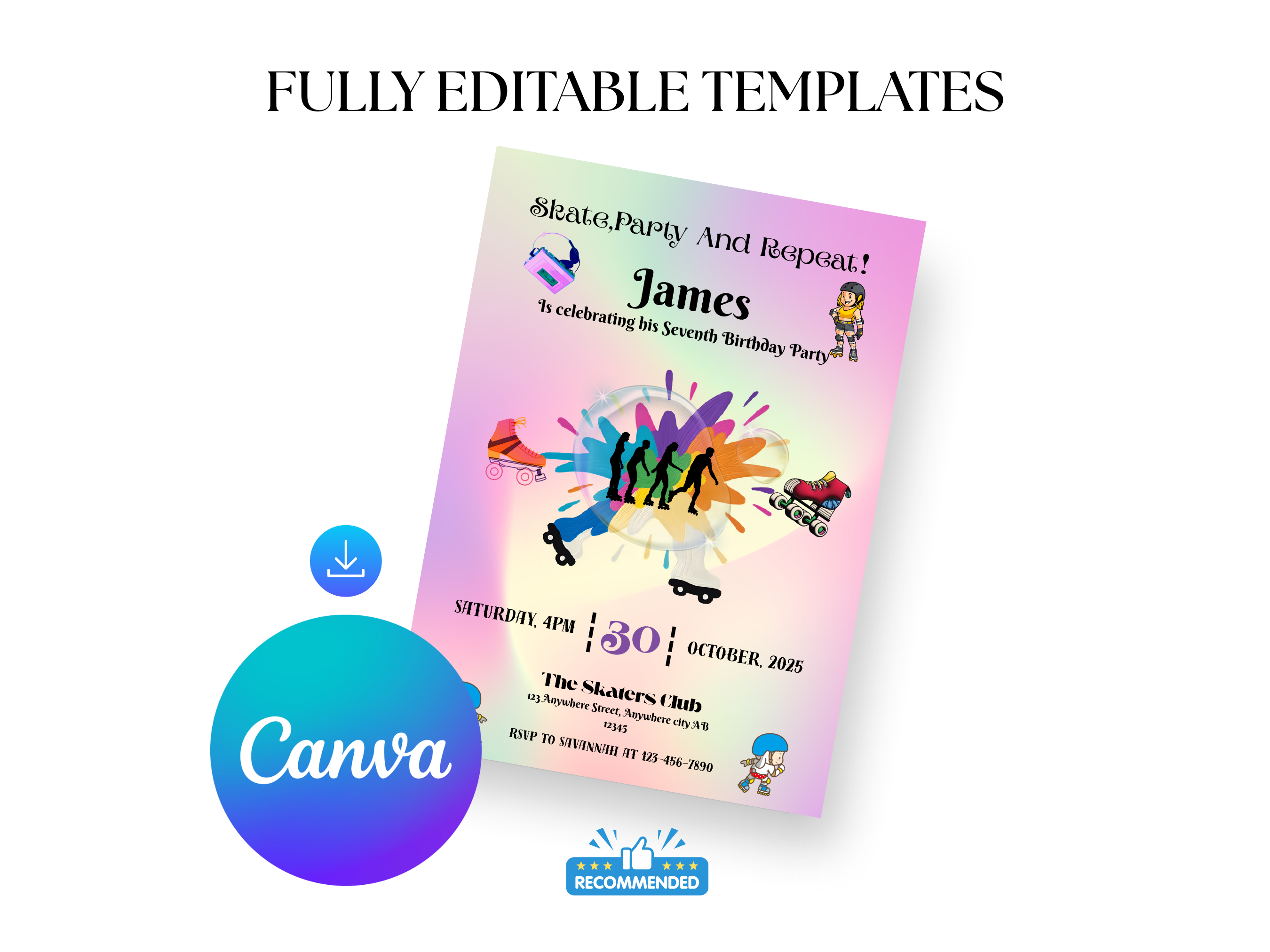 Roller Skating Birthday Invitation – Editable Canva Template for Girls – Printable Skating Party Invite – Instant Download
