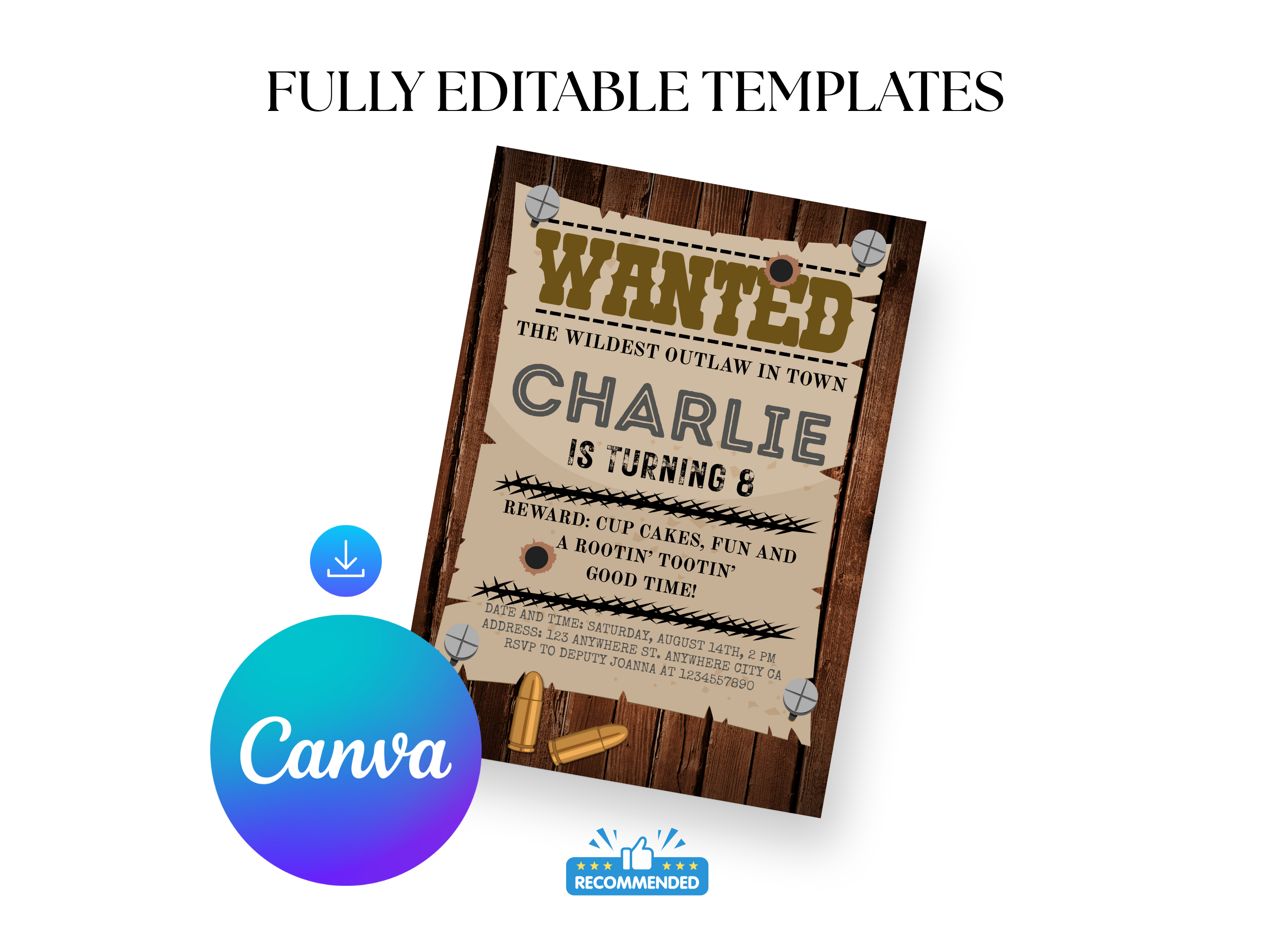 Wanted poster birthday invitation with Canva logo on a white background