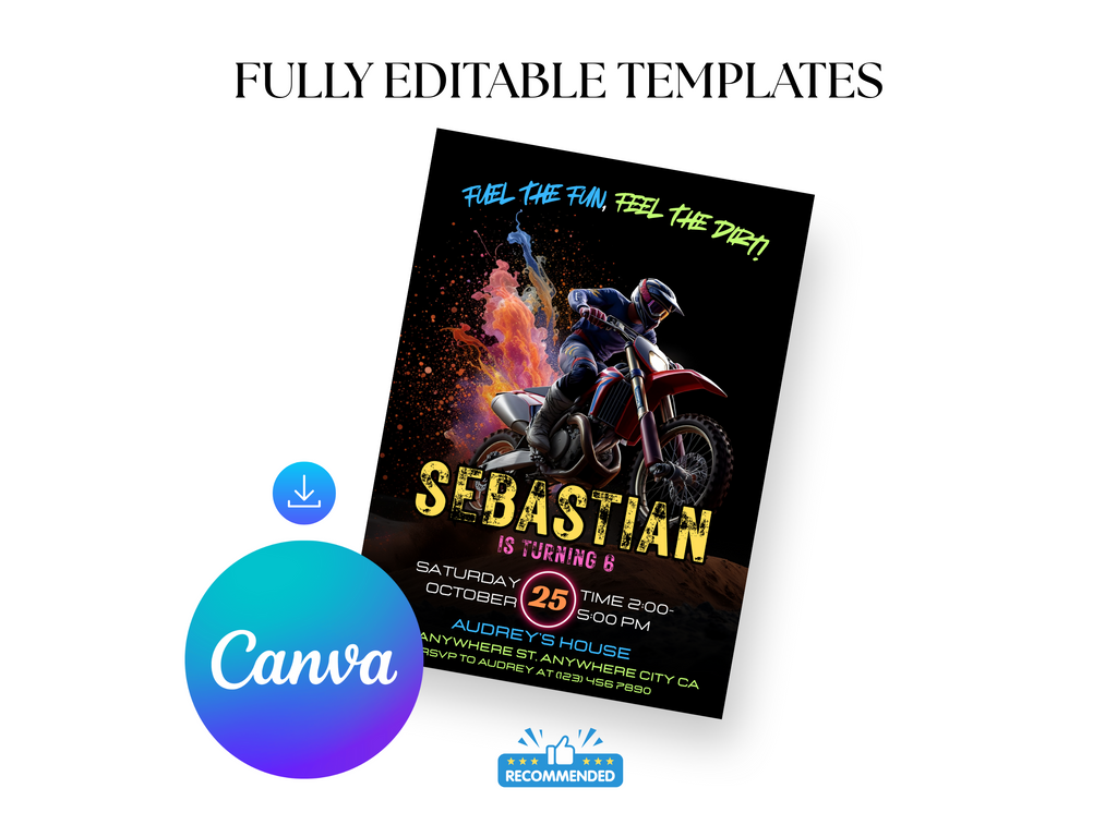 Birthday party invitation with motorcycle graphic and Canva logo
