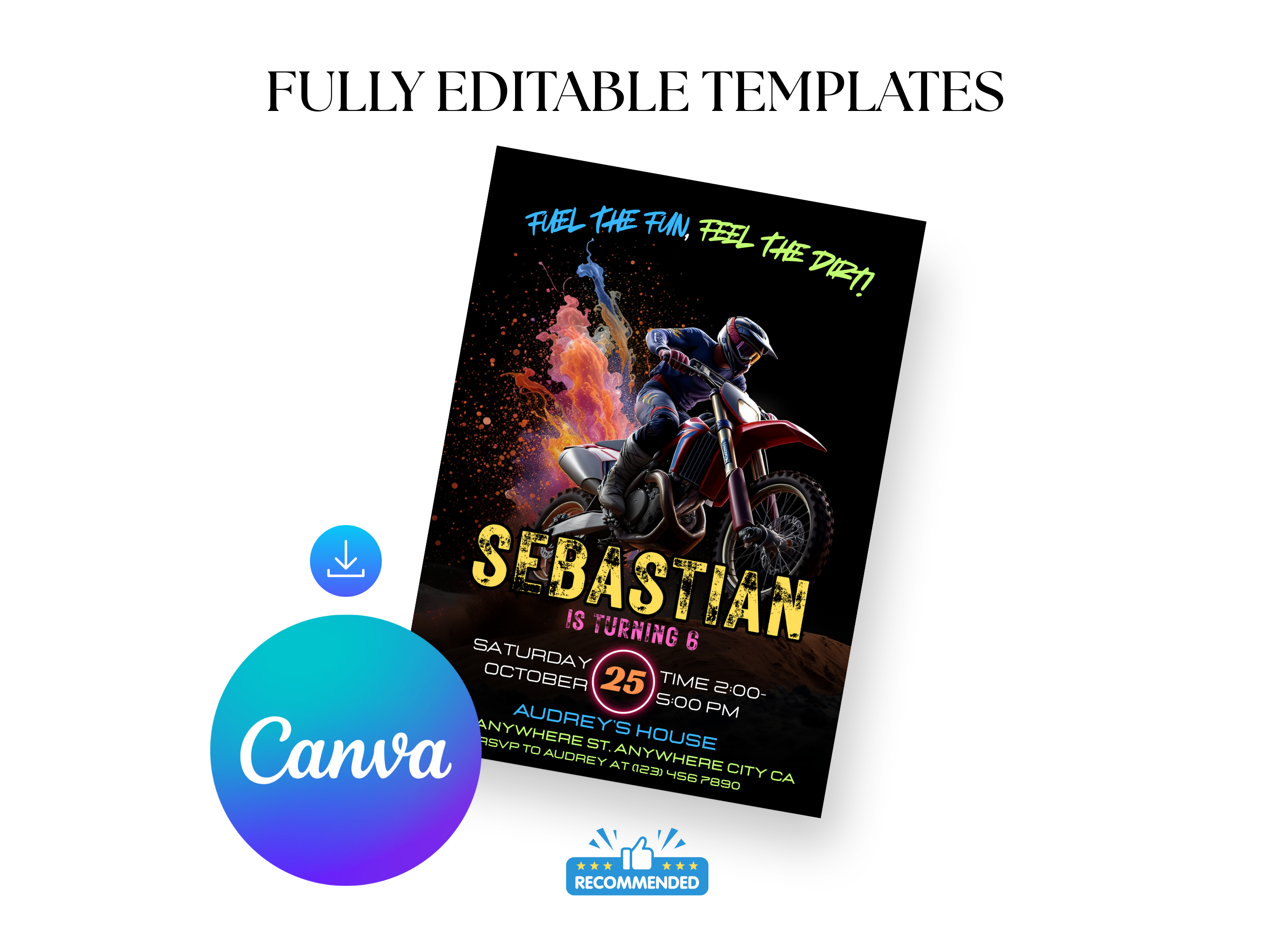 Birthday party invitation with motorcycle graphic and Canva logo