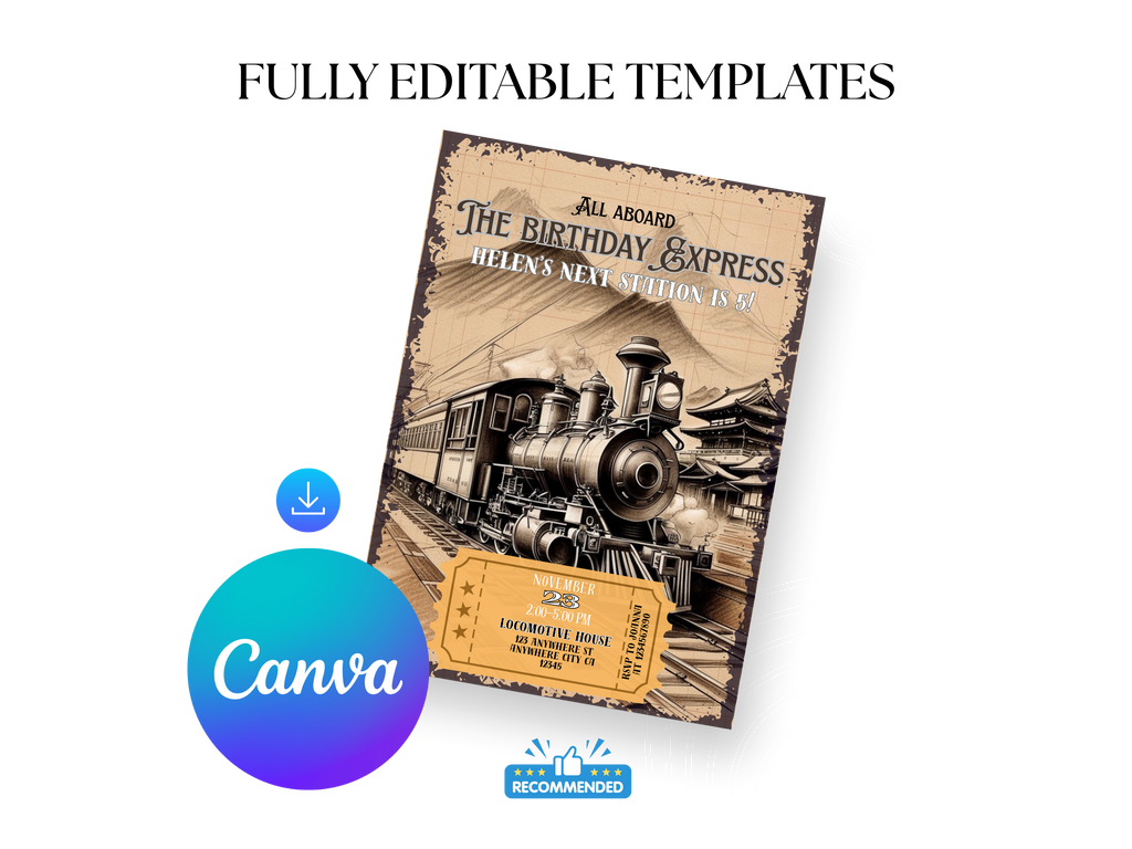 Vintage train-themed birthday invitation with 'Canva' logo and text on a white background