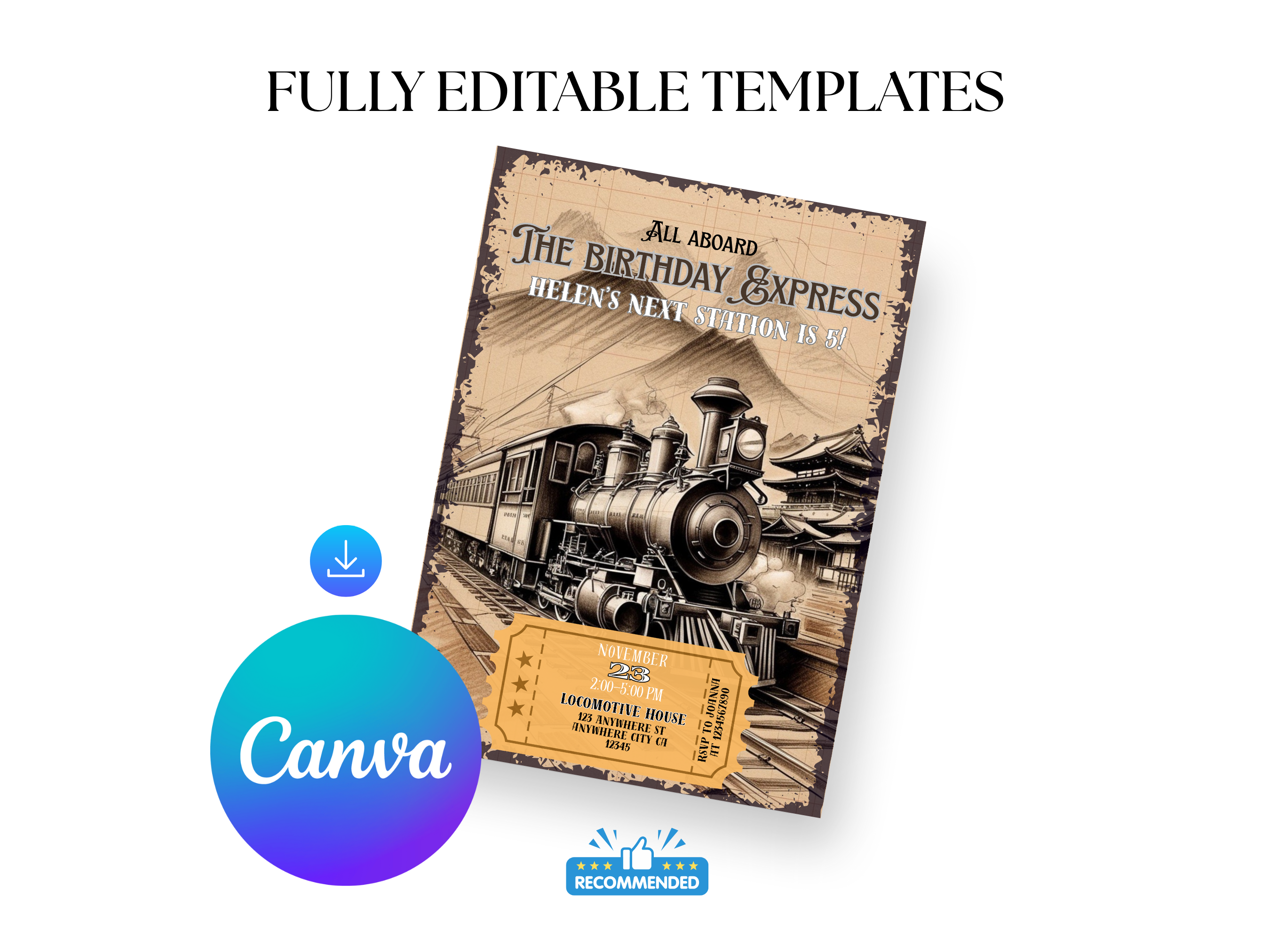 Vintage train-themed birthday invitation with 'Canva' logo and text on a white background