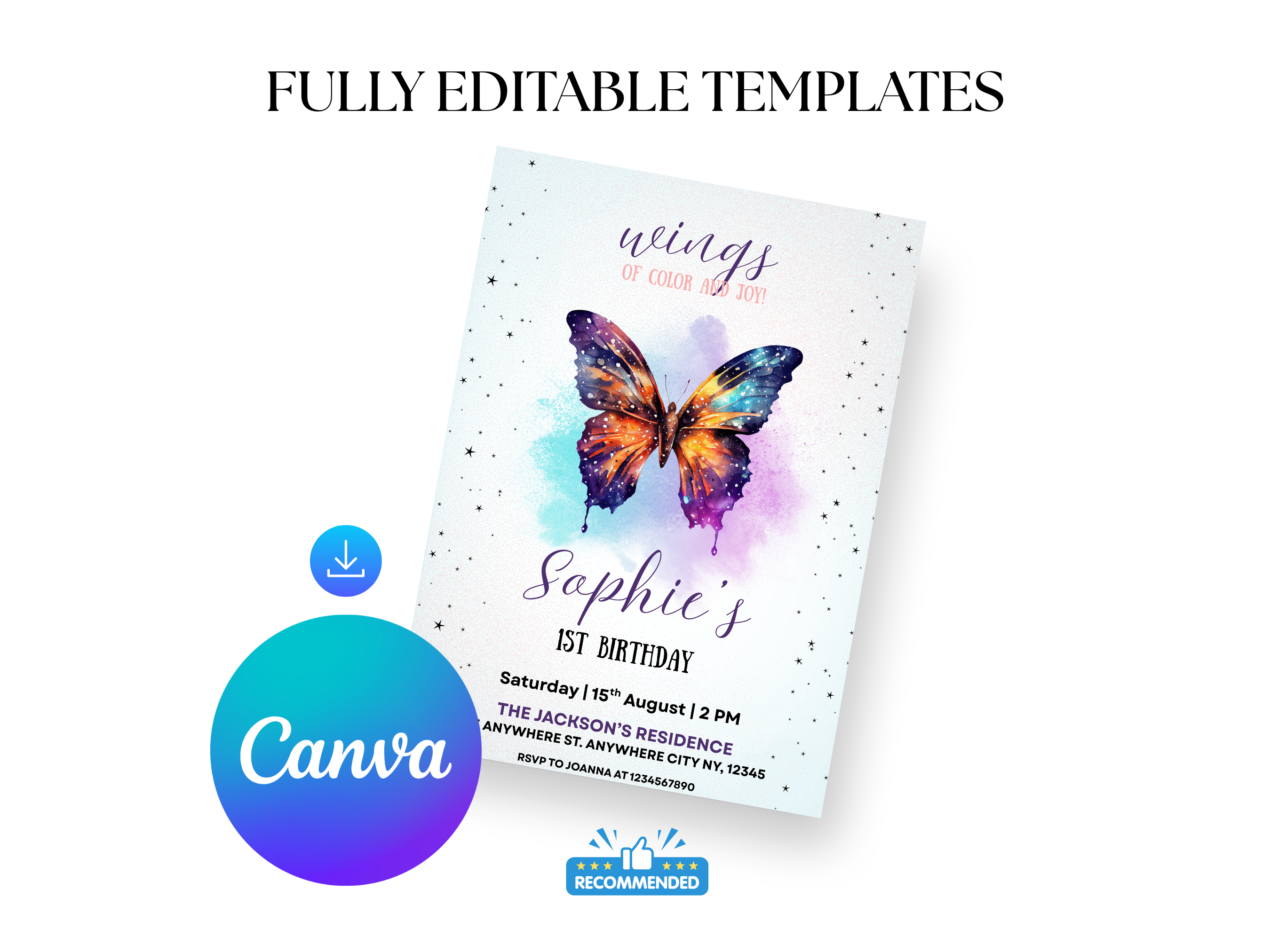 Butterfly Wings Birthday Invitation | Editable Floral Garden Party Canva Template | Digital Download