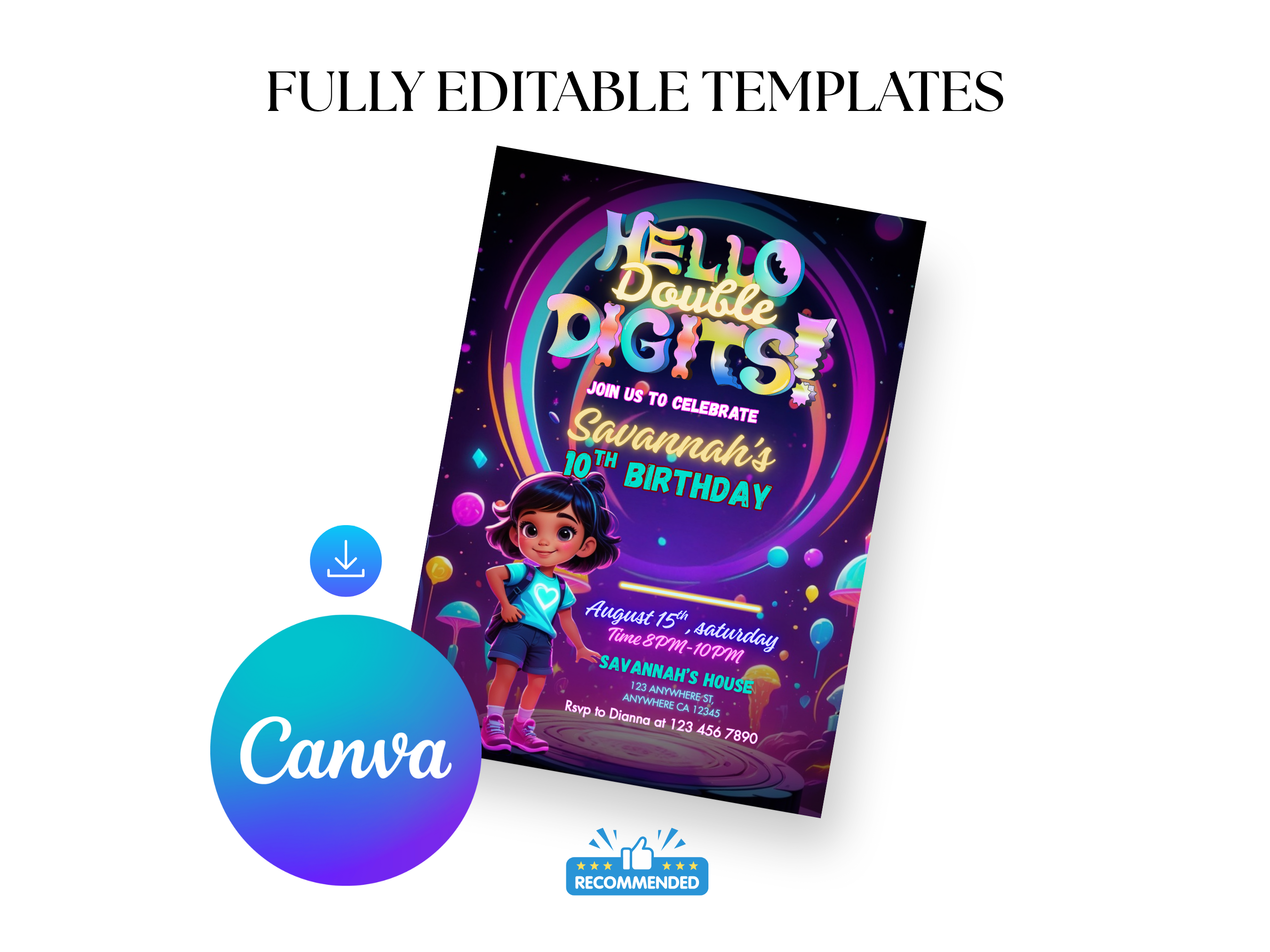 Children's birthday party invitation with colorful design and 'Canva' branding.