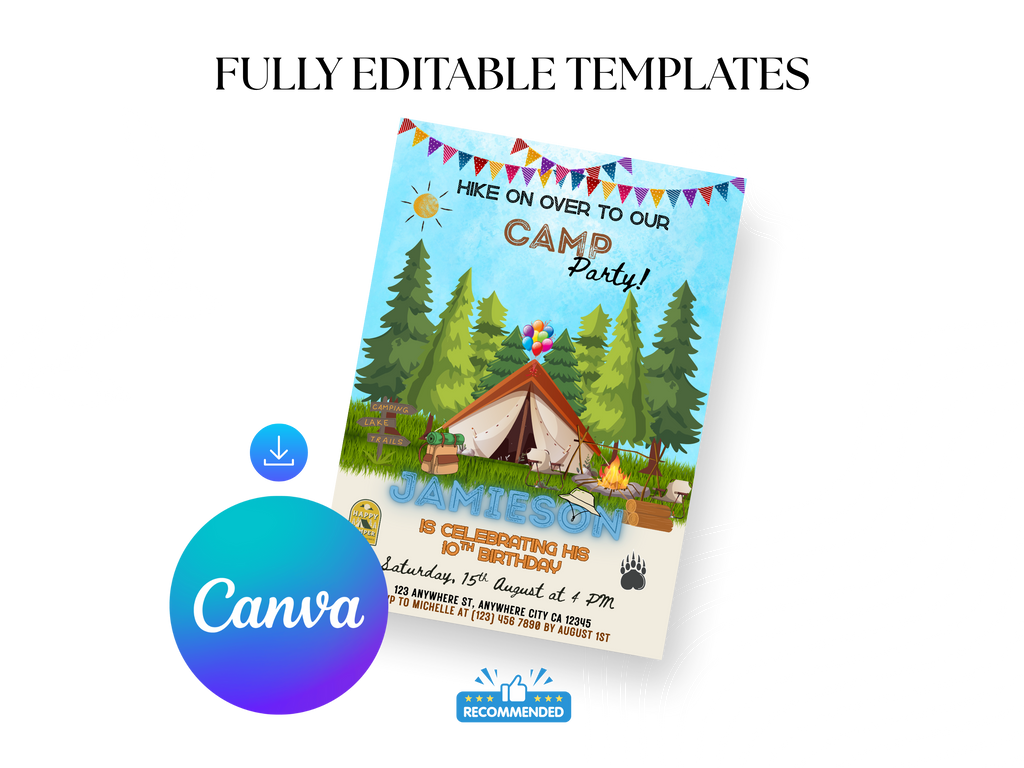 Camp party invitation with trees, tent, and birthday details on a white background with Canva logo.