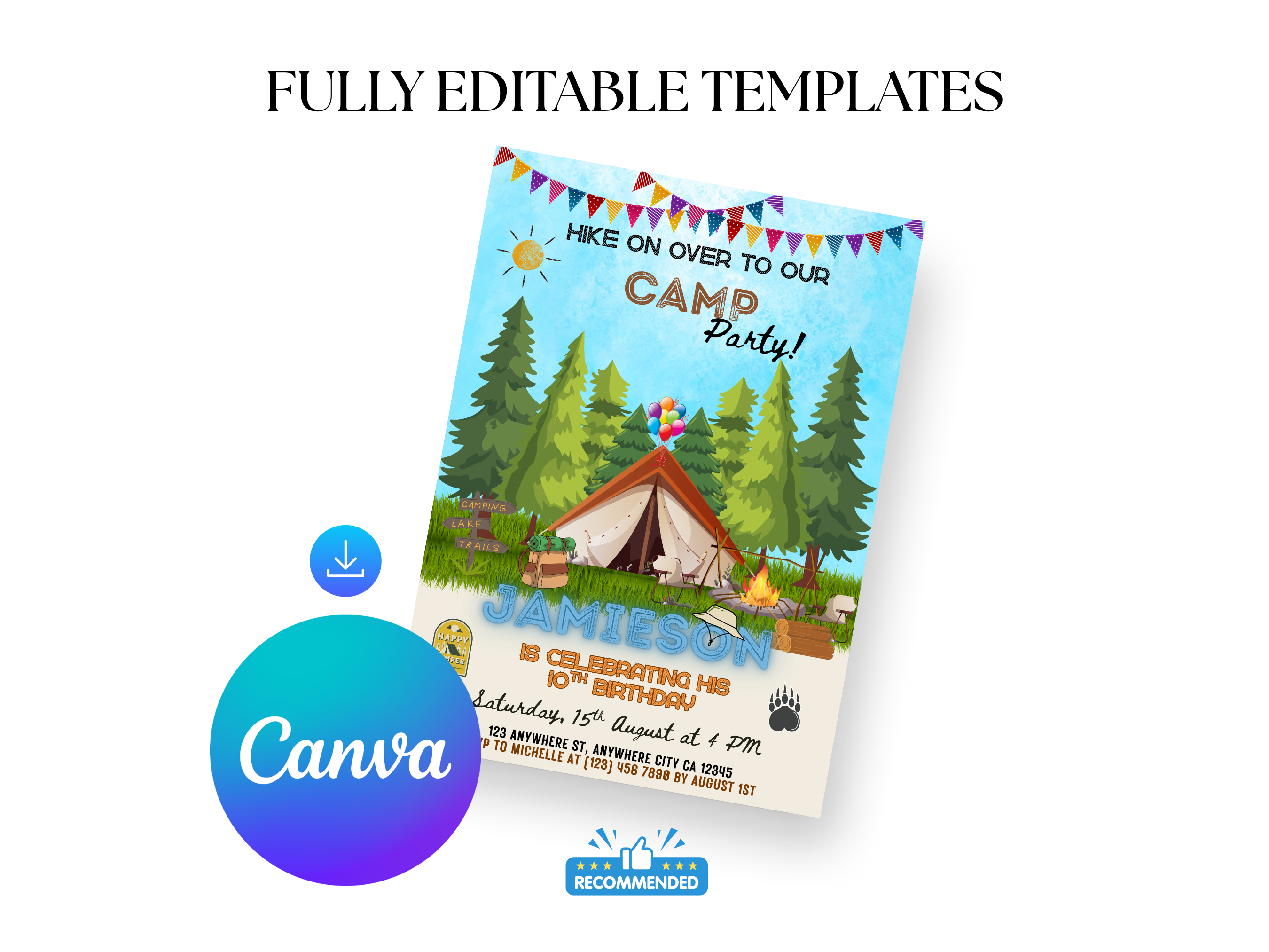 Camp party invitation with trees, tent, and birthday details on a white background with Canva logo.