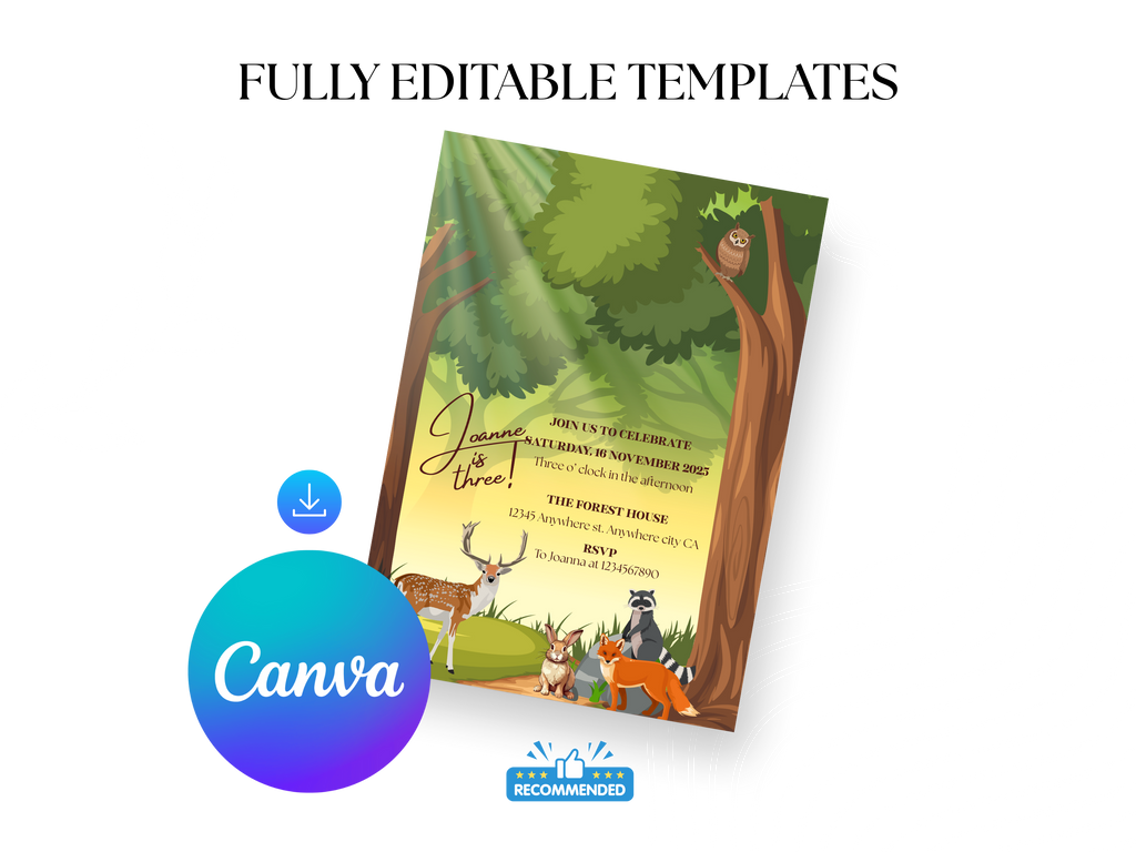 Invitation card with forest theme and Canva logo