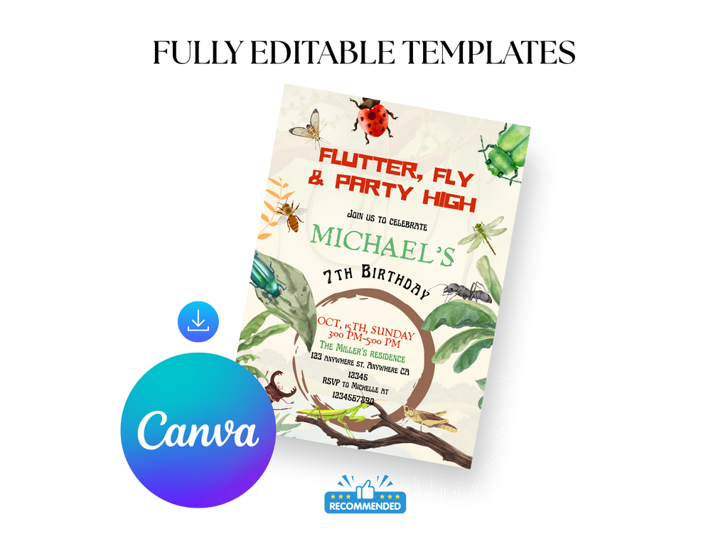 Children's birthday party invitation with butterfly design, featuring Canva logo.
