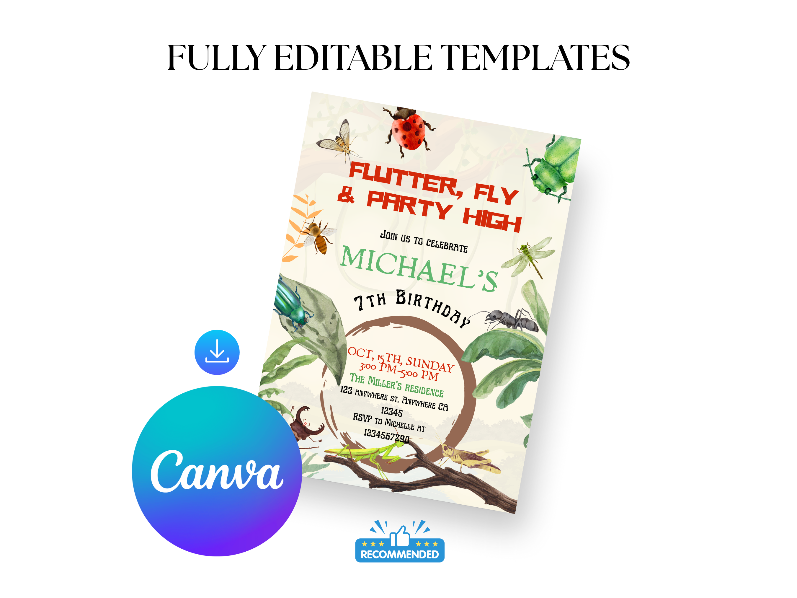Children's birthday party invitation with butterfly design, featuring Canva logo.