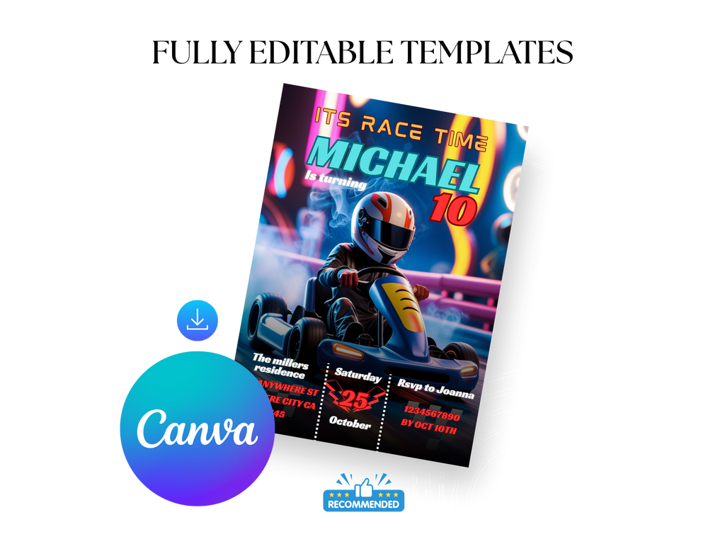 Birthday party invitation template with a racing theme, featuring a child in a racing suit and helmet, on a white background with 'Canva' branding.