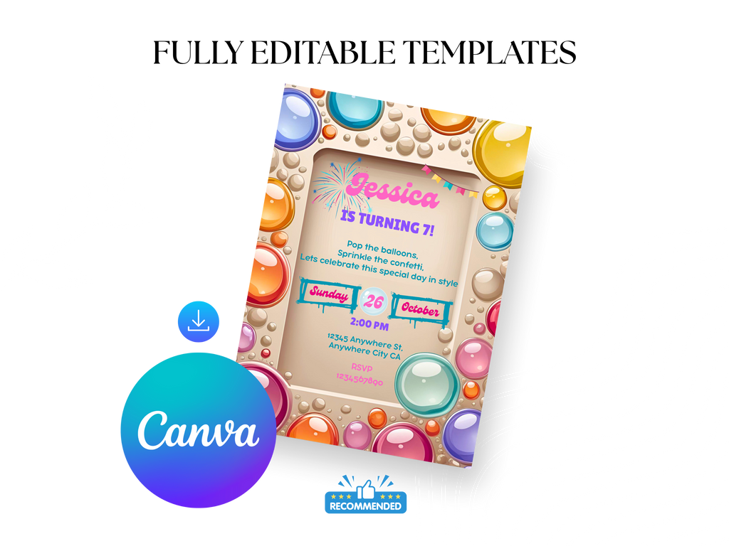 Colorful birthday invitation template with 'Canva' logo on a white background