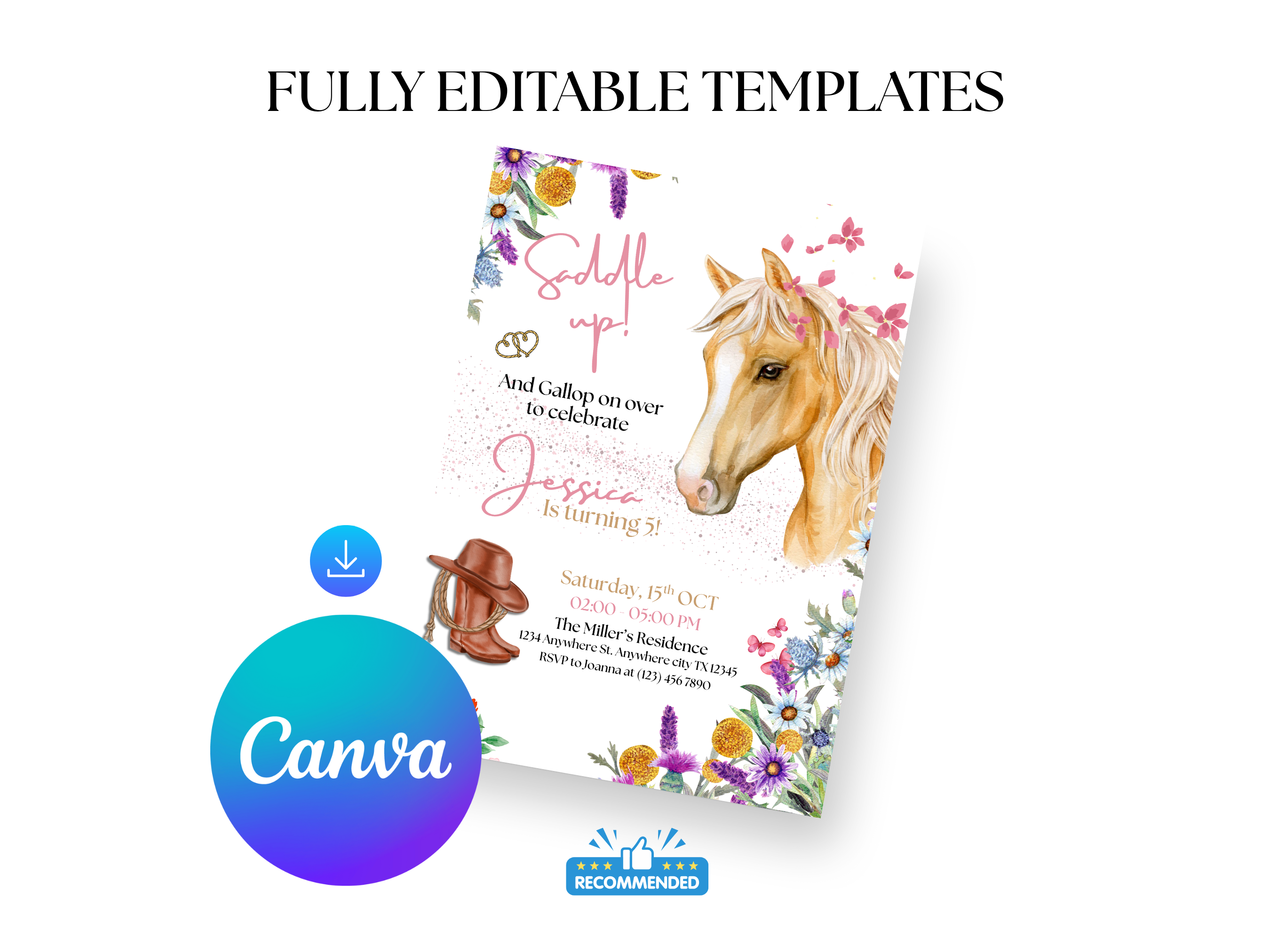 Equestrian-themed birthday invitation with horse illustration and Canva logo.