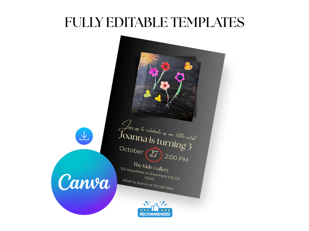 Invitation card with colorful flowers and text, featuring the Canva logo.